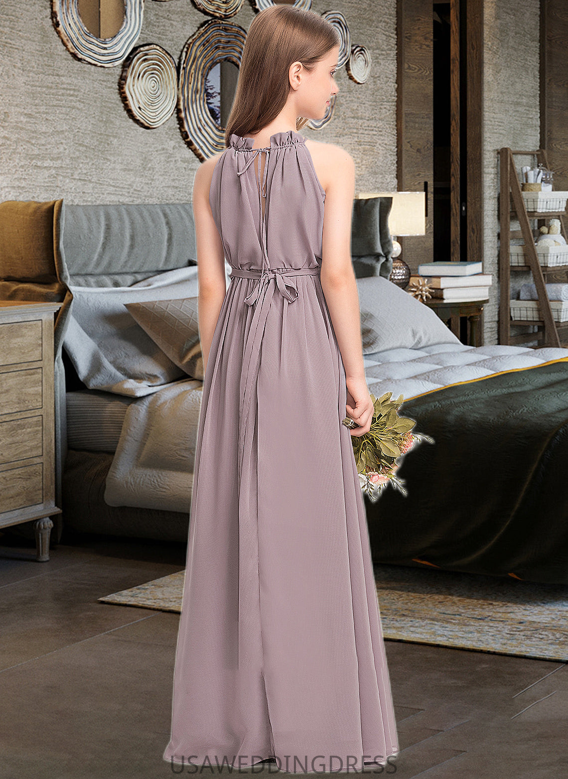 Viola A-Line High Neck Floor-Length Chiffon Junior Bridesmaid Dress With Bow(s) Cascading Ruffles DSP0013512