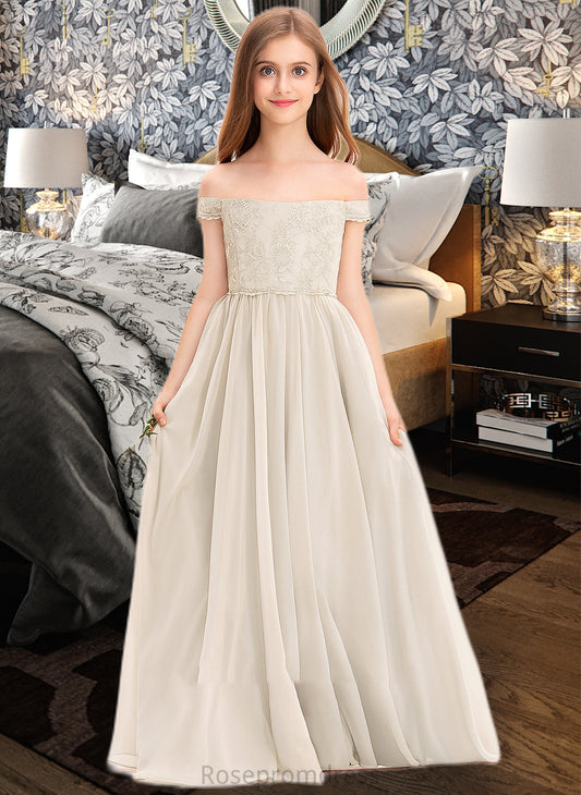 Paris A-Line Off-the-Shoulder Floor-Length Chiffon Lace Junior Bridesmaid Dress SRSP0013514