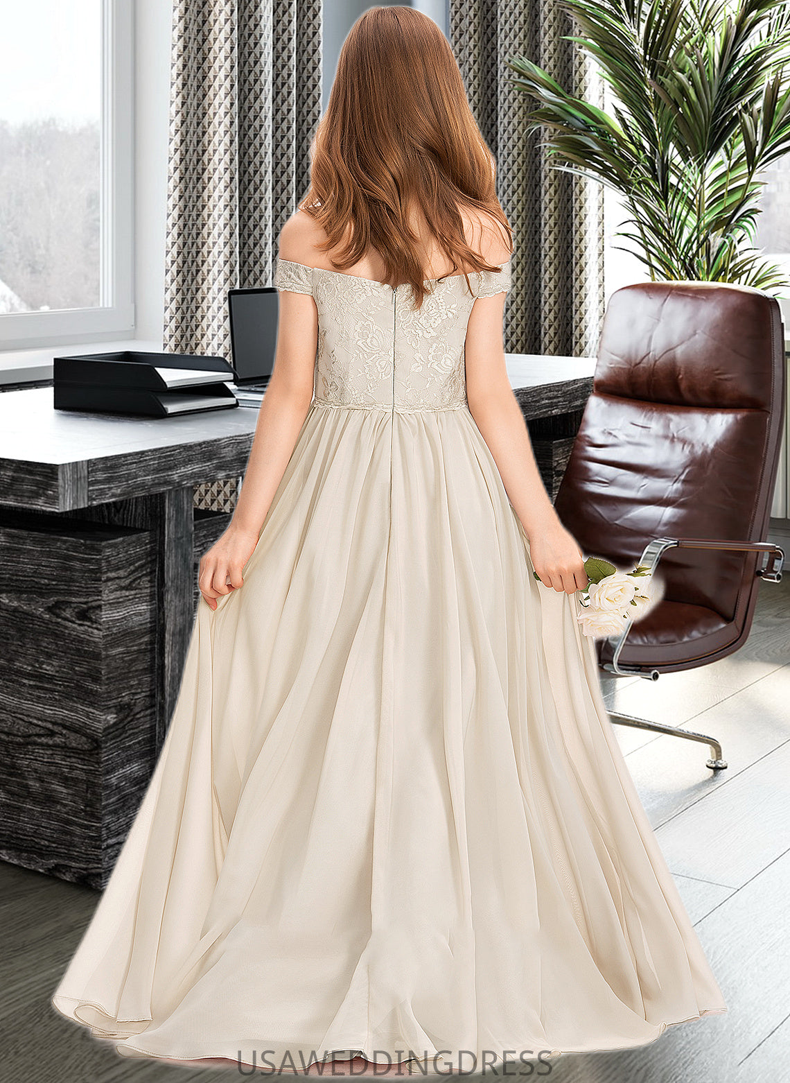 Esperanza A-Line Off-the-Shoulder Floor-Length Chiffon Lace Junior Bridesmaid Dress DSP0013514