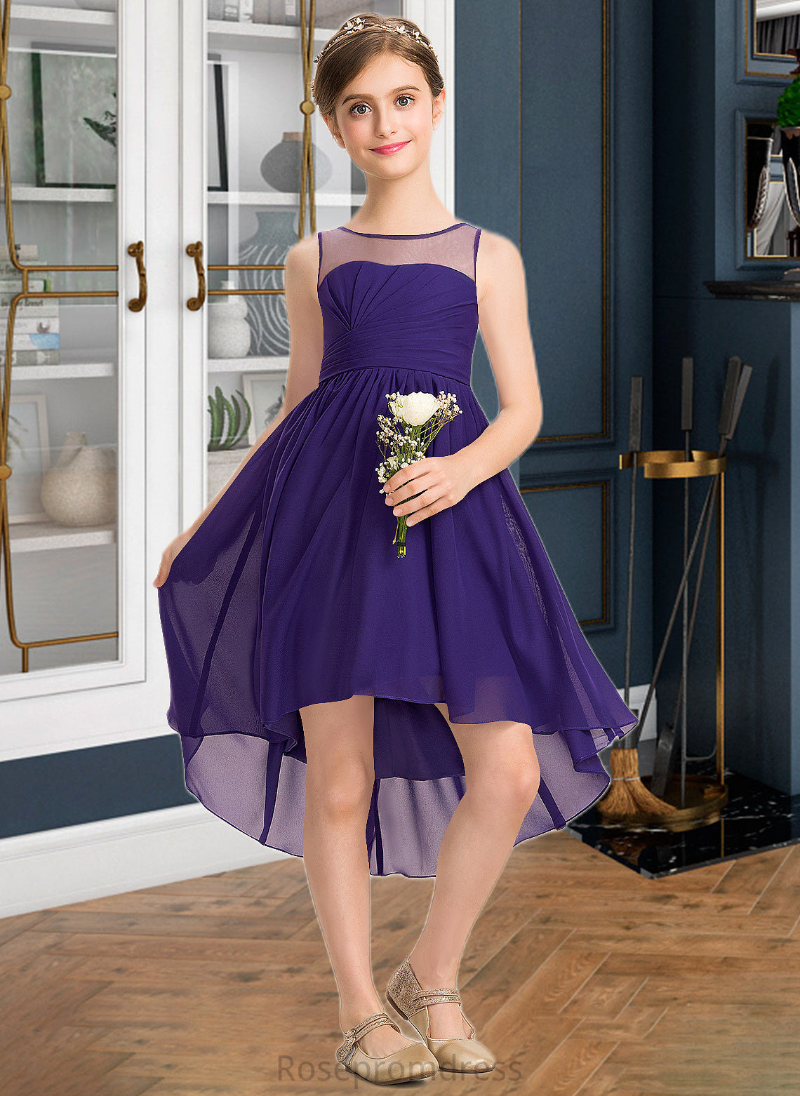 Princess A-Line Scoop Neck Asymmetrical Chiffon Junior Bridesmaid Dress With Ruffle SRSP0013515