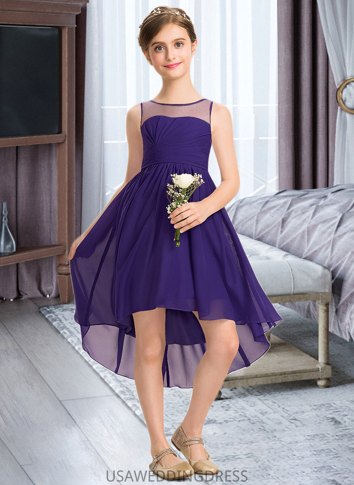 Amy A-Line Scoop Neck Asymmetrical Chiffon Junior Bridesmaid Dress With Ruffle DSP0013515