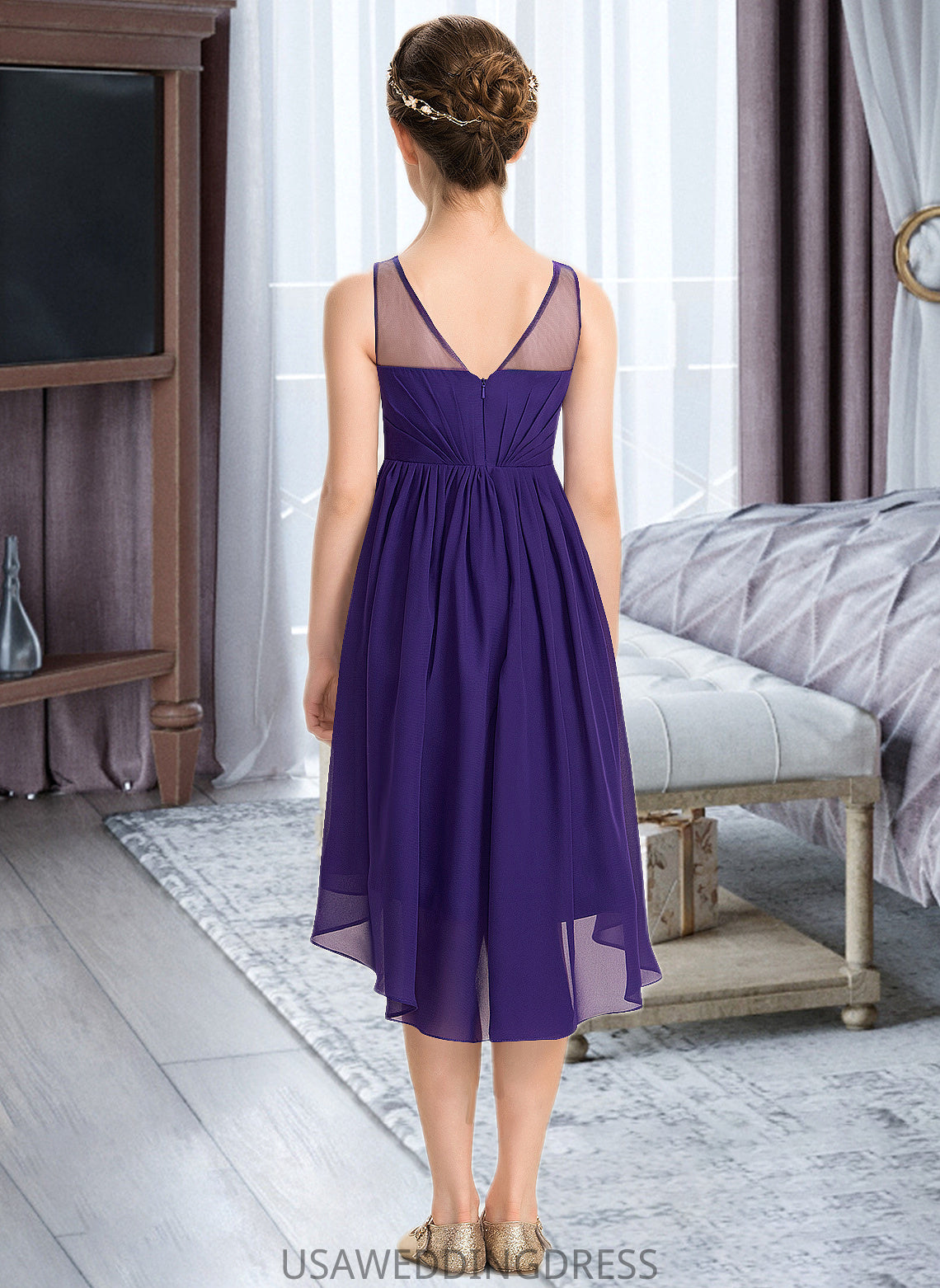 Amy A-Line Scoop Neck Asymmetrical Chiffon Junior Bridesmaid Dress With Ruffle DSP0013515