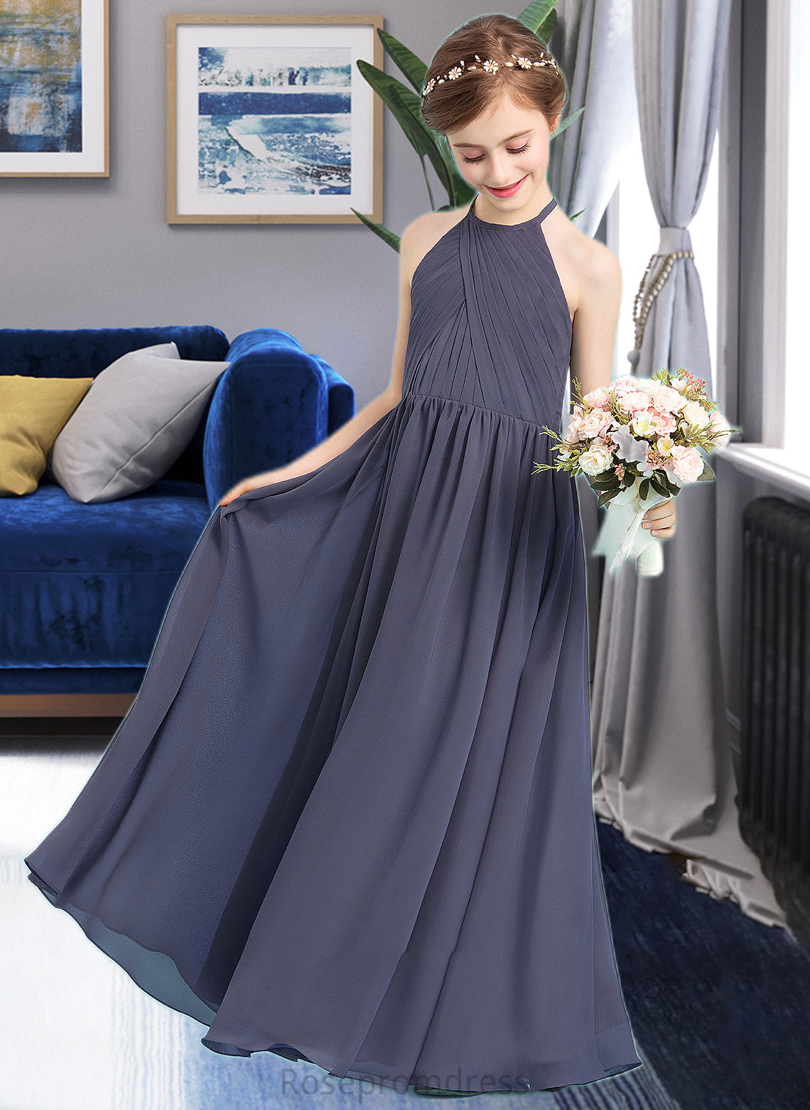 Alayna A-Line Scoop Neck Floor-Length Chiffon Junior Bridesmaid Dress With Ruffle SRSP0013516