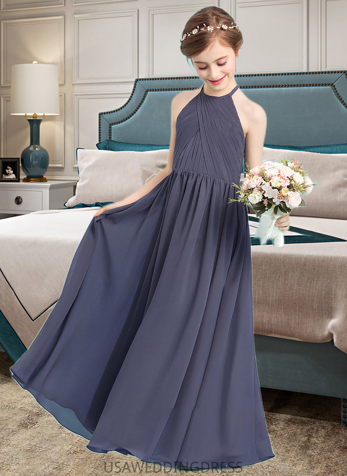 Kimora A-Line Scoop Neck Floor-Length Chiffon Junior Bridesmaid Dress With Ruffle DSP0013516