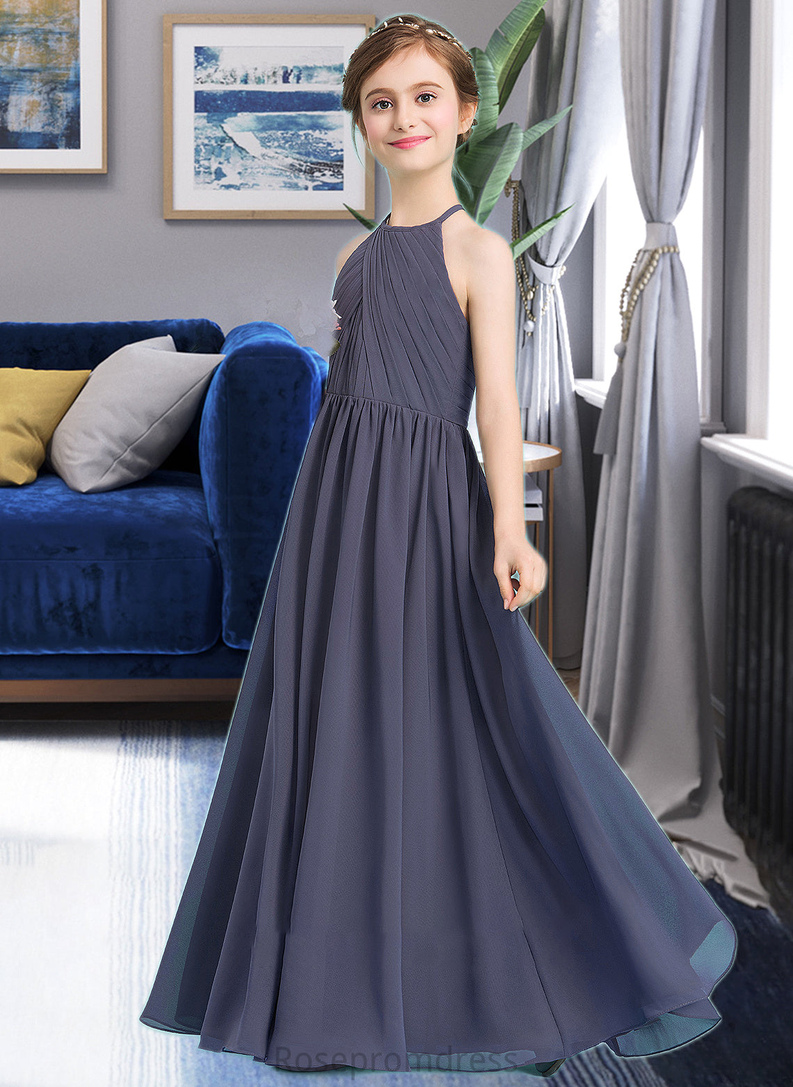 Alayna A-Line Scoop Neck Floor-Length Chiffon Junior Bridesmaid Dress With Ruffle SRSP0013516