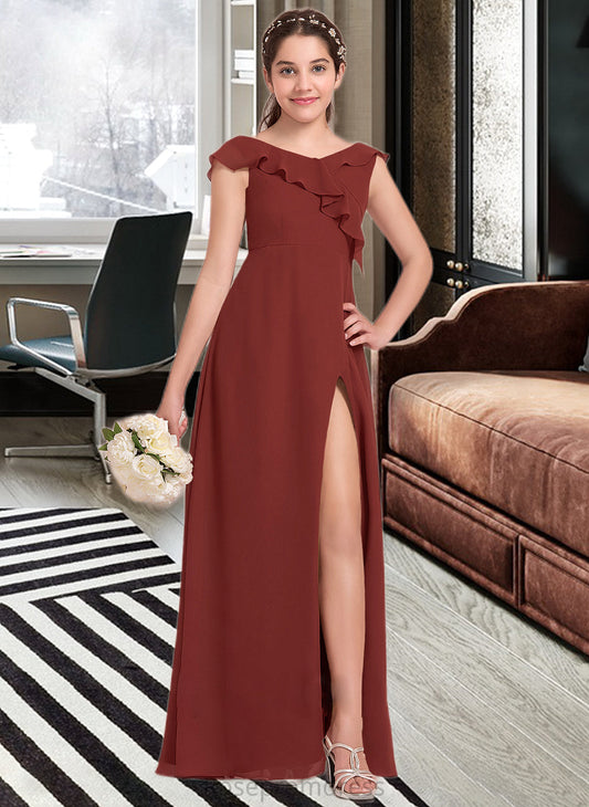 Aubrey A-Line V-neck Floor-Length Chiffon Junior Bridesmaid Dress With Split Front Cascading Ruffles SRSP0013517