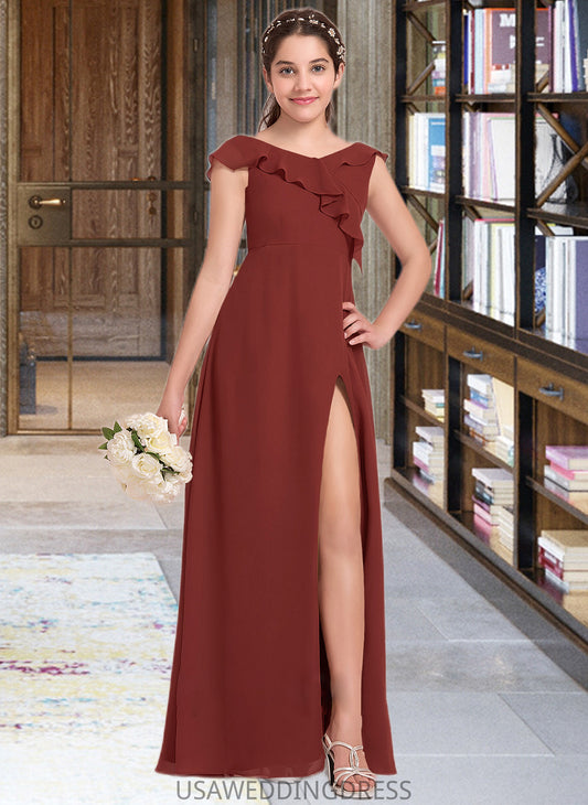 Tania A-Line V-neck Floor-Length Chiffon Junior Bridesmaid Dress With Split Front Cascading Ruffles DSP0013517