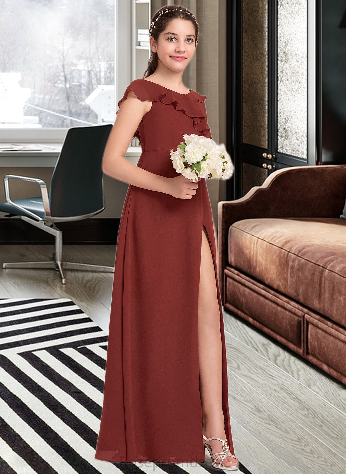 Aubrey A-Line V-neck Floor-Length Chiffon Junior Bridesmaid Dress With Split Front Cascading Ruffles SRSP0013517