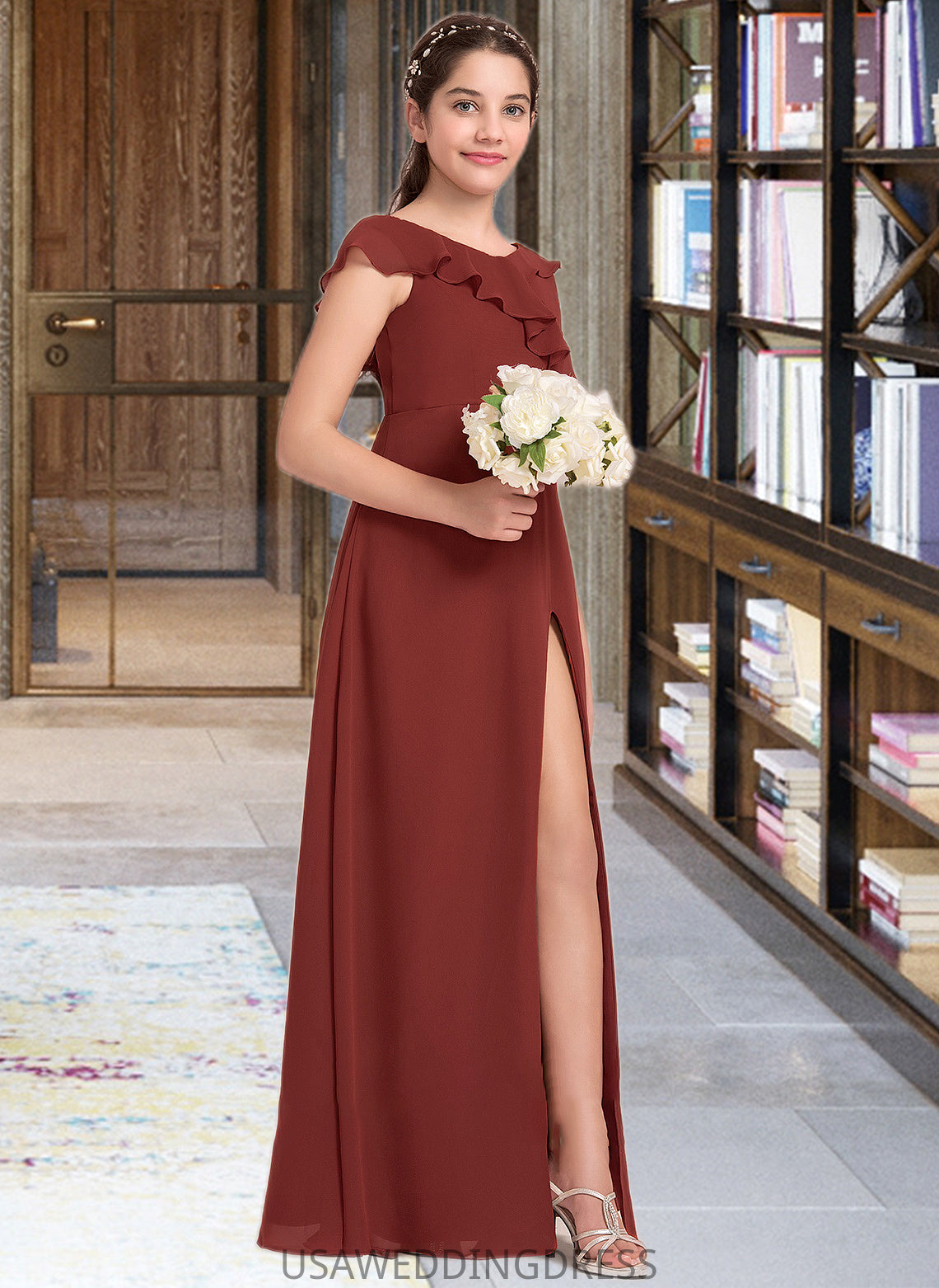 Tania A-Line V-neck Floor-Length Chiffon Junior Bridesmaid Dress With Split Front Cascading Ruffles DSP0013517