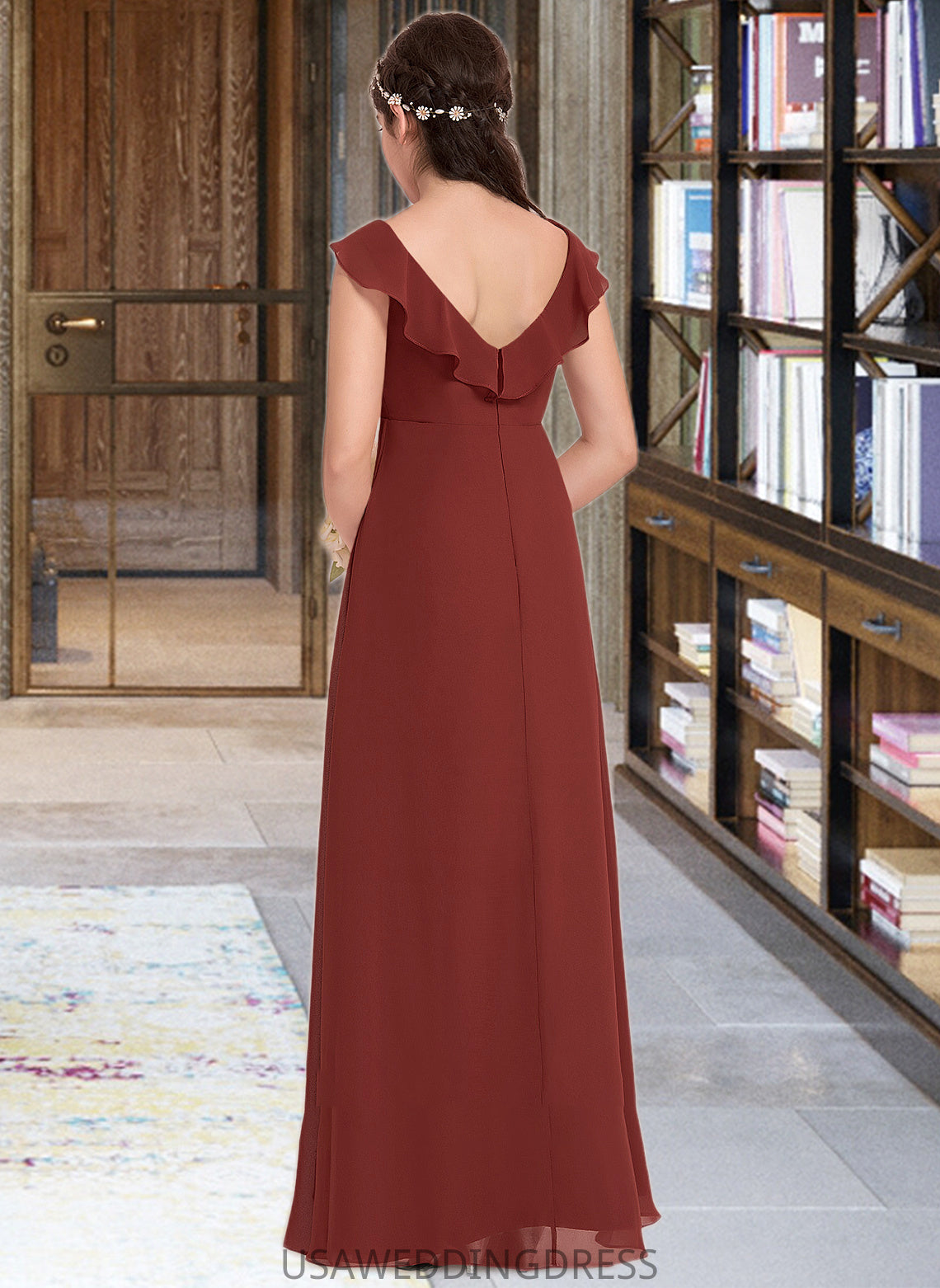 Tania A-Line V-neck Floor-Length Chiffon Junior Bridesmaid Dress With Split Front Cascading Ruffles DSP0013517