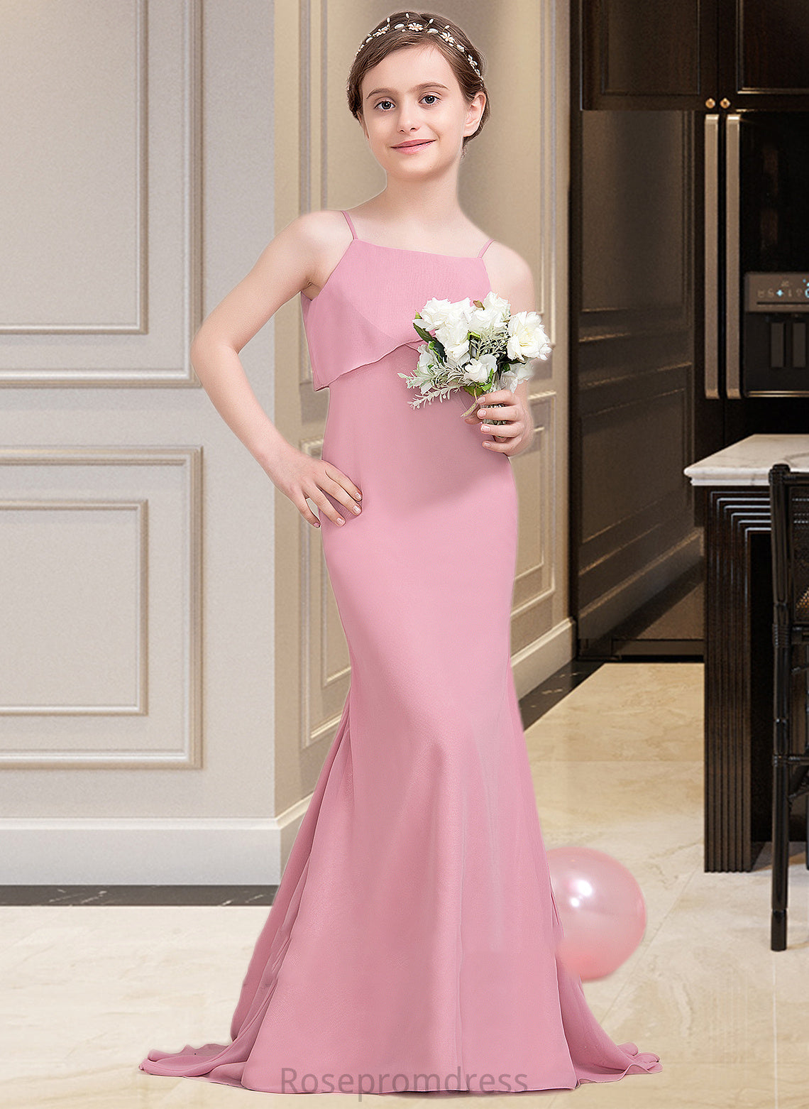 Jazmyn Trumpet/Mermaid Square Neckline Sweep Train Chiffon Junior Bridesmaid Dress With Cascading Ruffles SRSP0013518