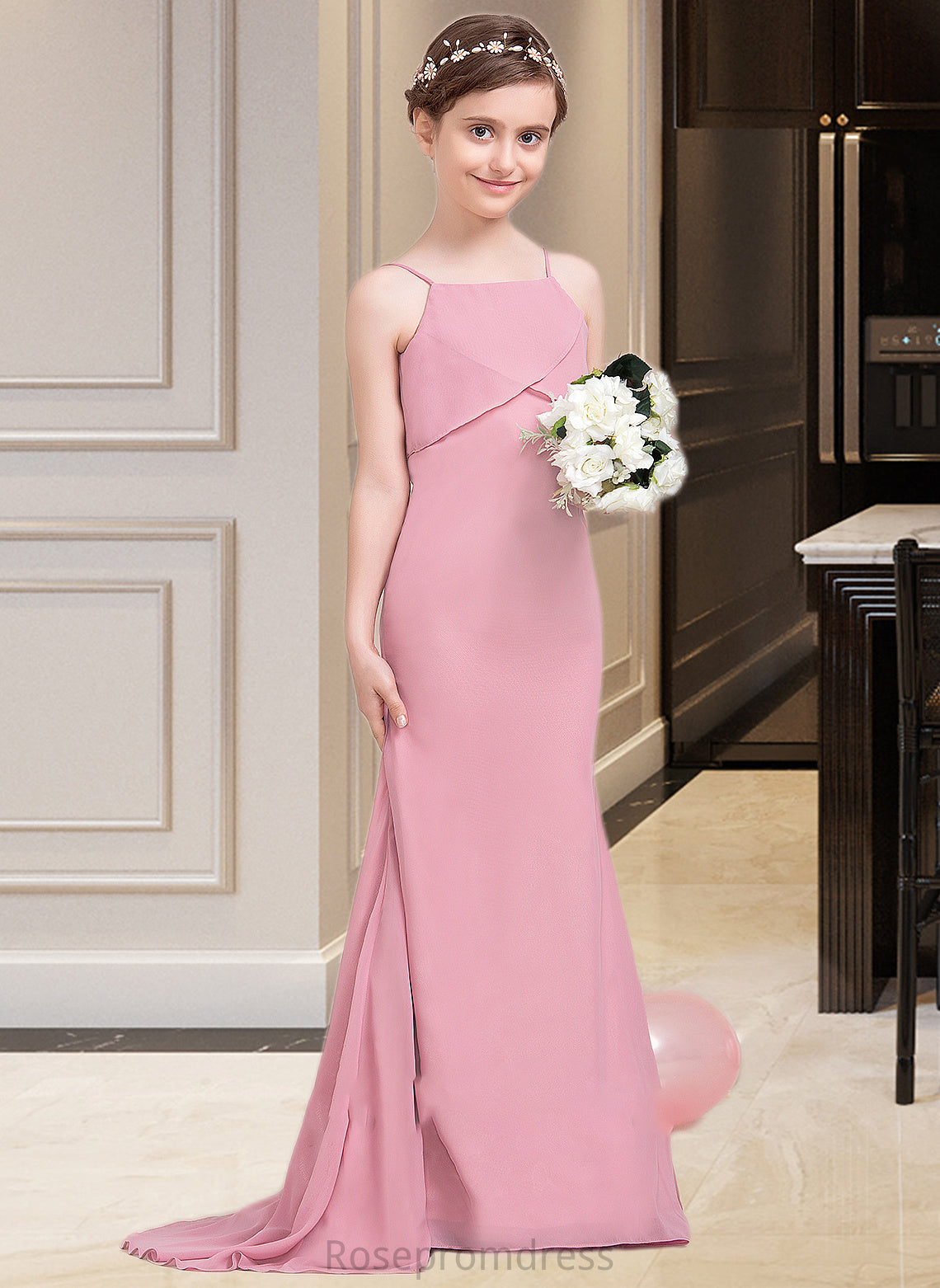 Jazmyn Trumpet/Mermaid Square Neckline Sweep Train Chiffon Junior Bridesmaid Dress With Cascading Ruffles SRSP0013518