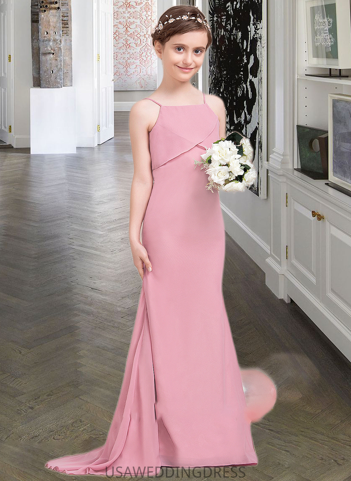 Janice Trumpet/Mermaid Square Neckline Sweep Train Chiffon Junior Bridesmaid Dress With Cascading Ruffles DSP0013518