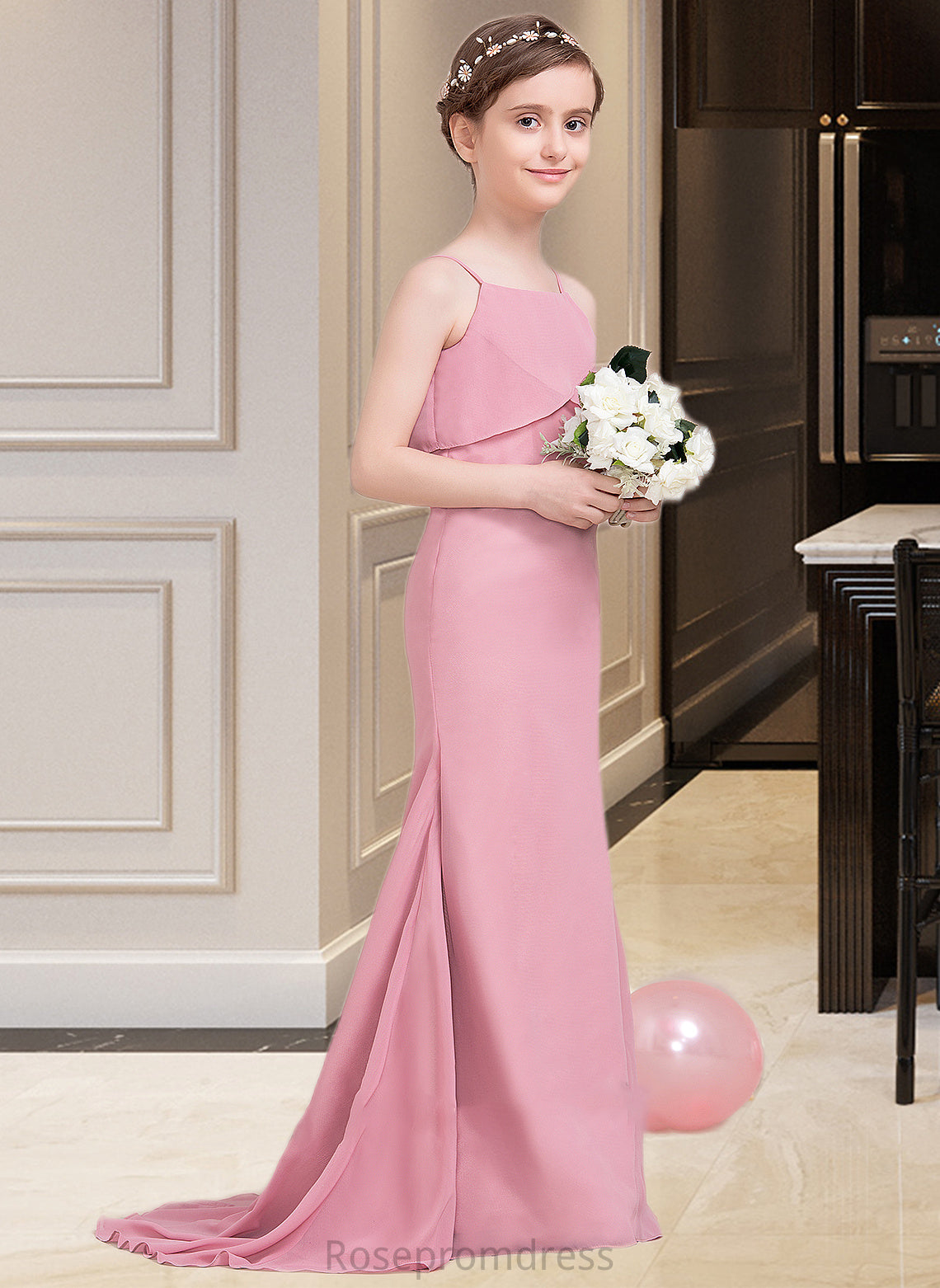 Jazmyn Trumpet/Mermaid Square Neckline Sweep Train Chiffon Junior Bridesmaid Dress With Cascading Ruffles SRSP0013518