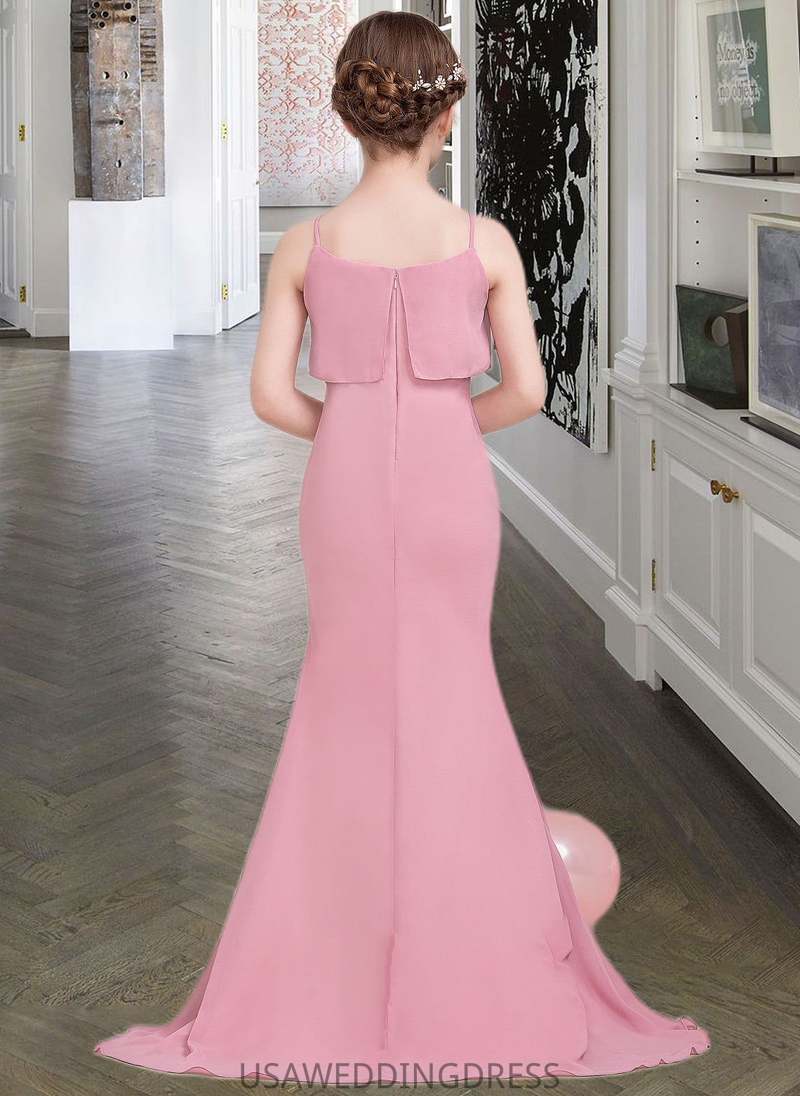 Janice Trumpet/Mermaid Square Neckline Sweep Train Chiffon Junior Bridesmaid Dress With Cascading Ruffles DSP0013518