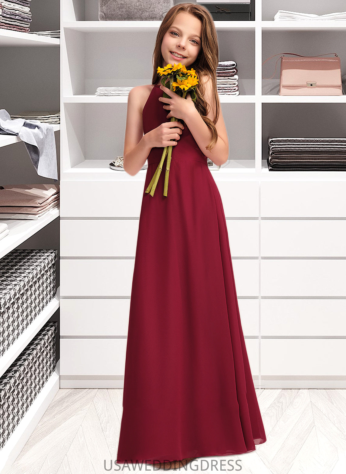 Rose A-Line Scoop Neck Floor-Length Chiffon Junior Bridesmaid Dress DSP0013519