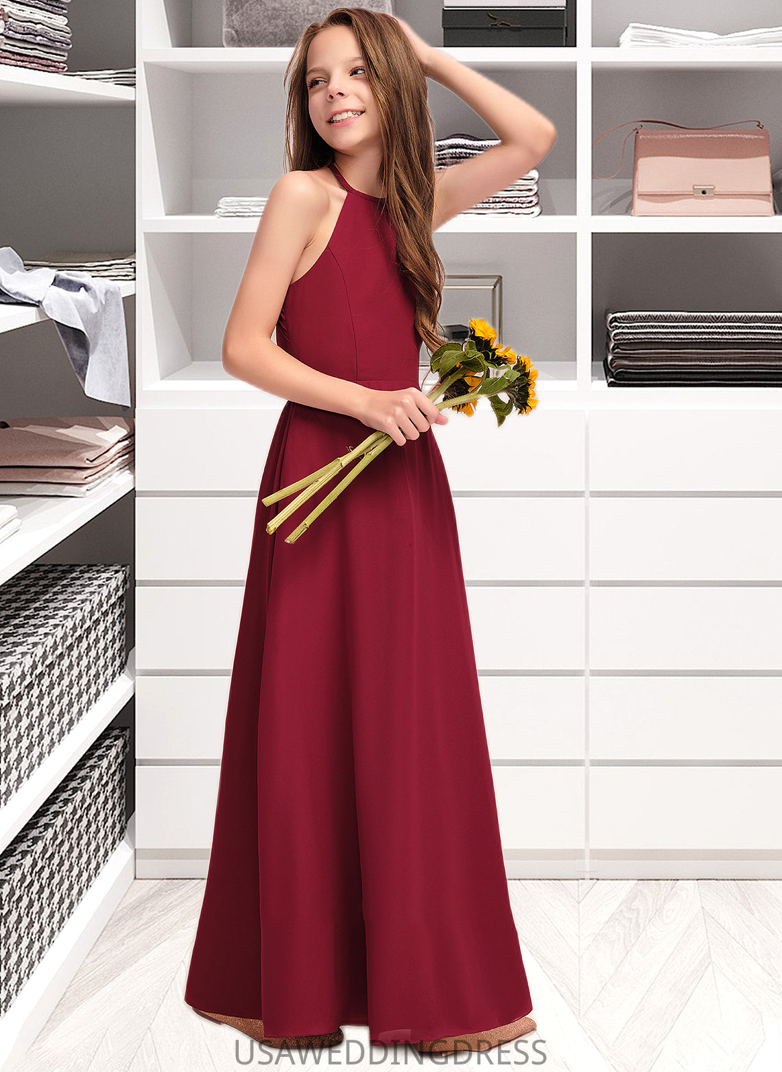 Rose A-Line Scoop Neck Floor-Length Chiffon Junior Bridesmaid Dress DSP0013519