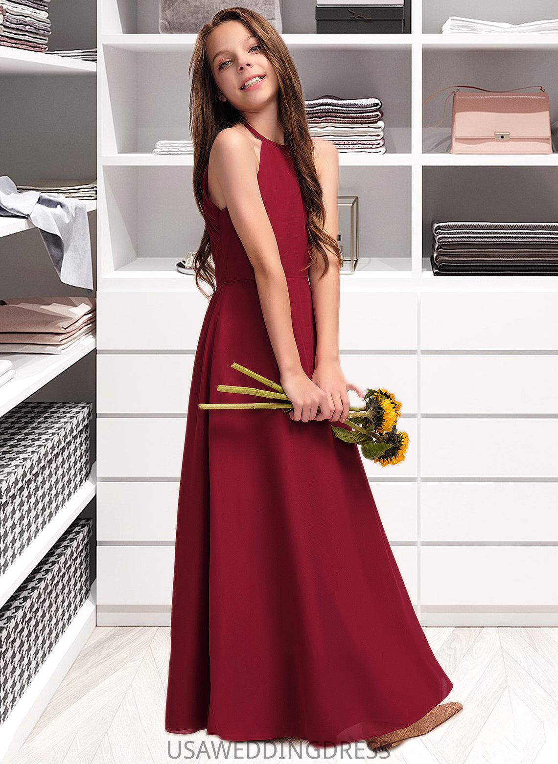 Rose A-Line Scoop Neck Floor-Length Chiffon Junior Bridesmaid Dress DSP0013519