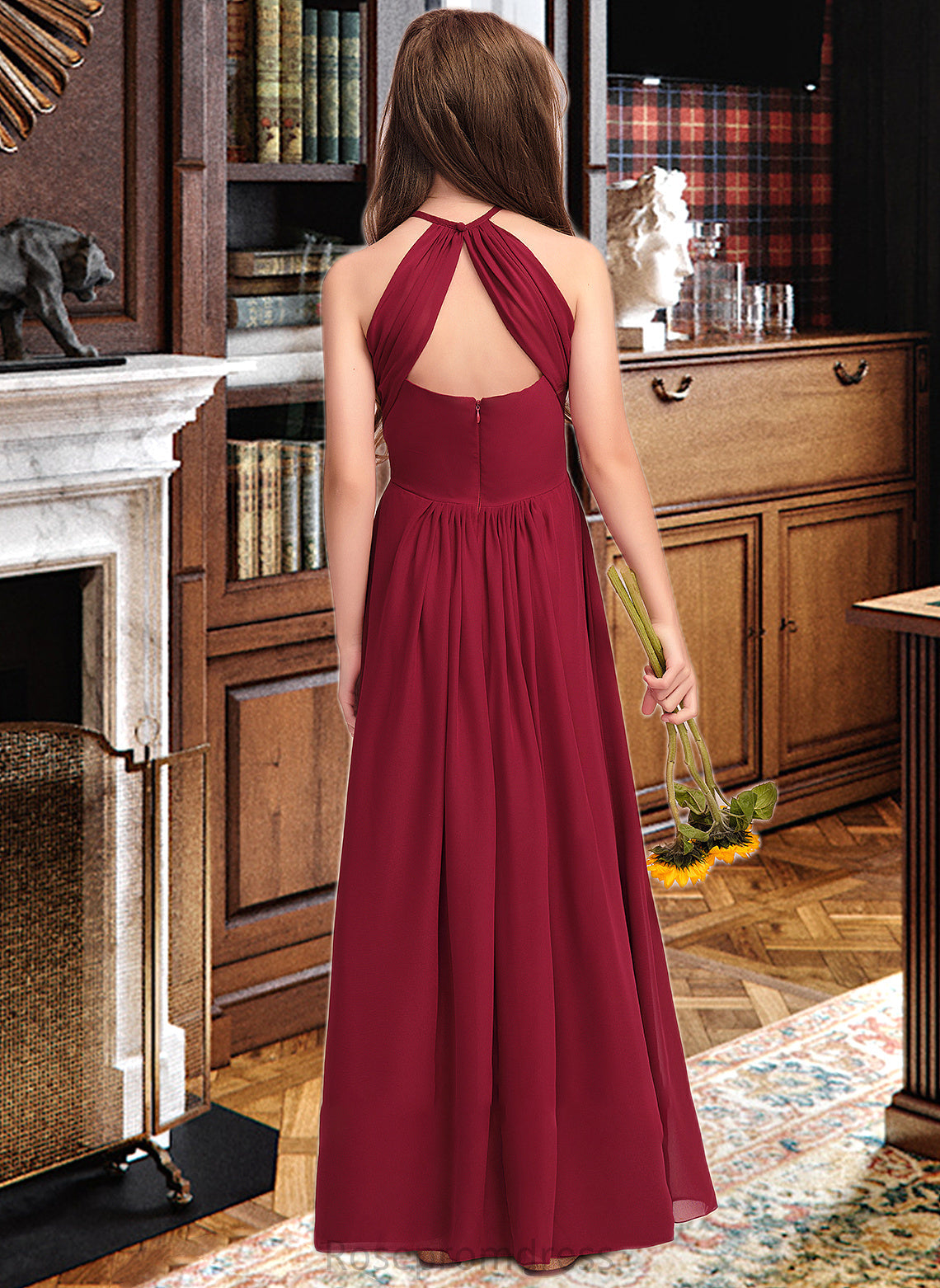 Uerica A-Line Scoop Neck Floor-Length Chiffon Junior Bridesmaid Dress SRSP0013519