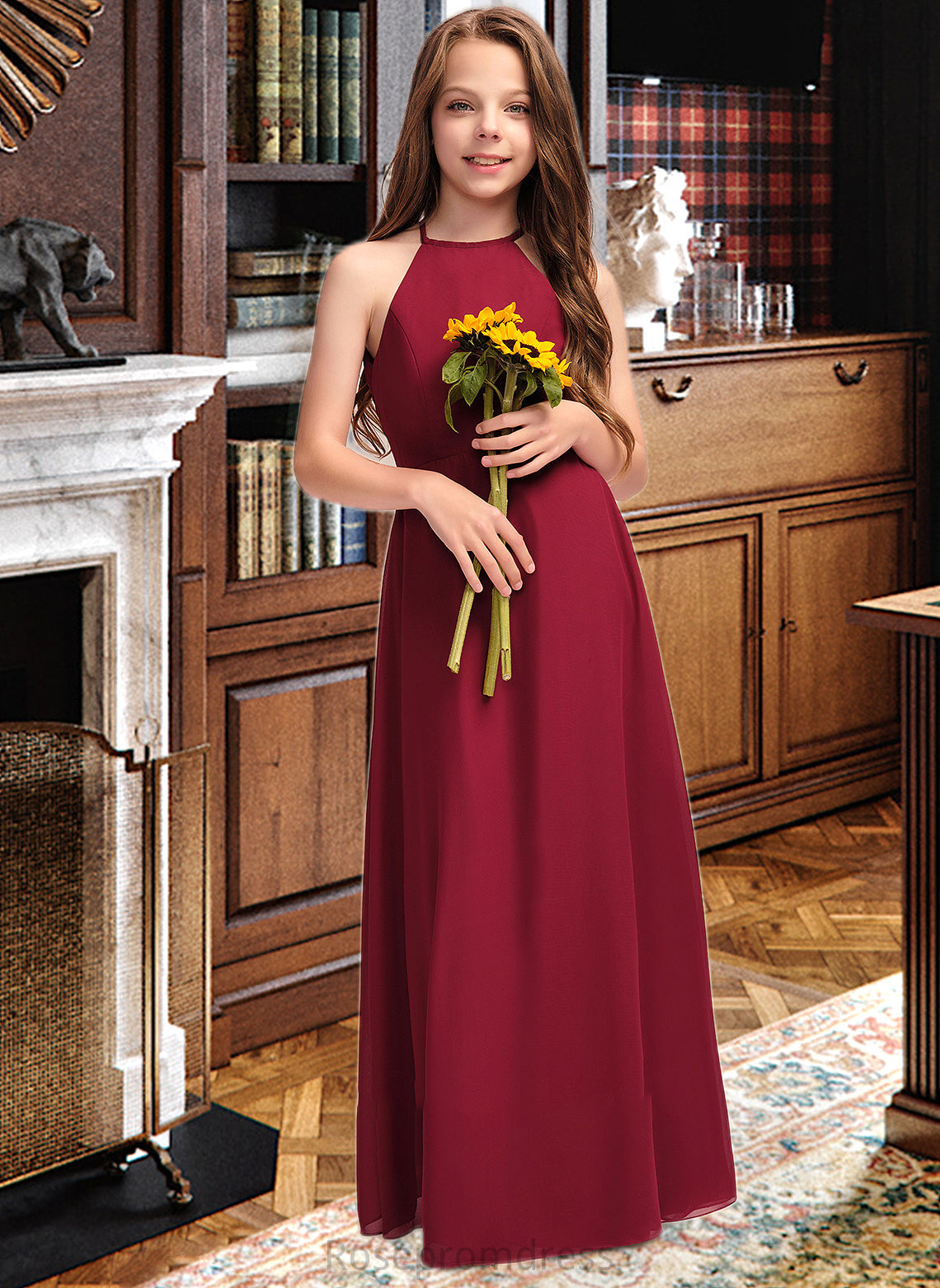 Uerica A-Line Scoop Neck Floor-Length Chiffon Junior Bridesmaid Dress SRSP0013519