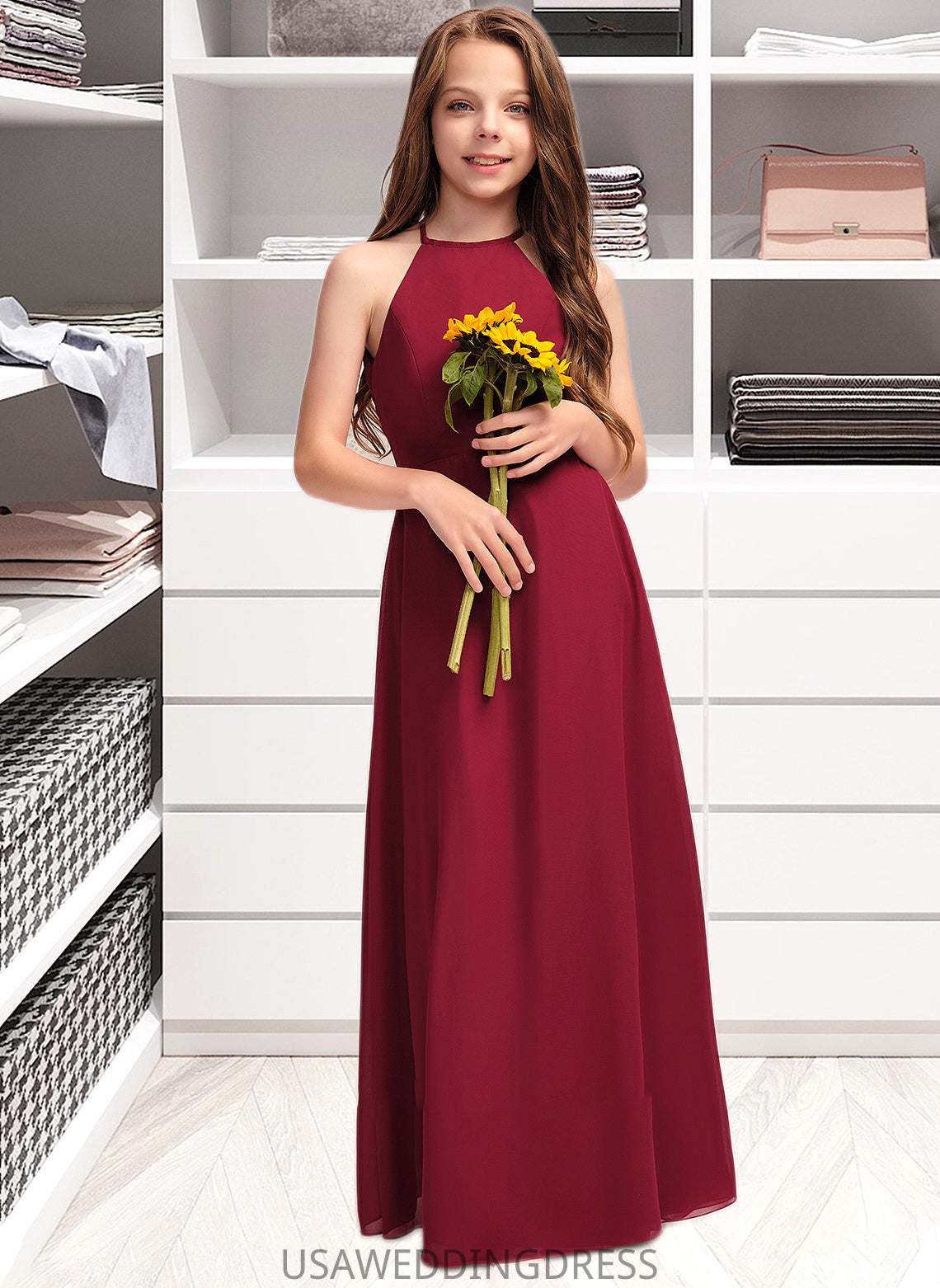 Rose A-Line Scoop Neck Floor-Length Chiffon Junior Bridesmaid Dress DSP0013519