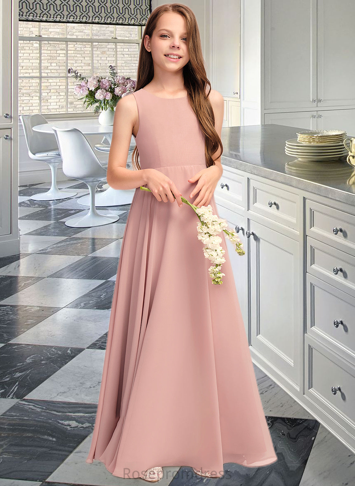 Joy A-Line Scoop Neck Floor-Length Chiffon Junior Bridesmaid Dress With Bow(s) SRSP0013520