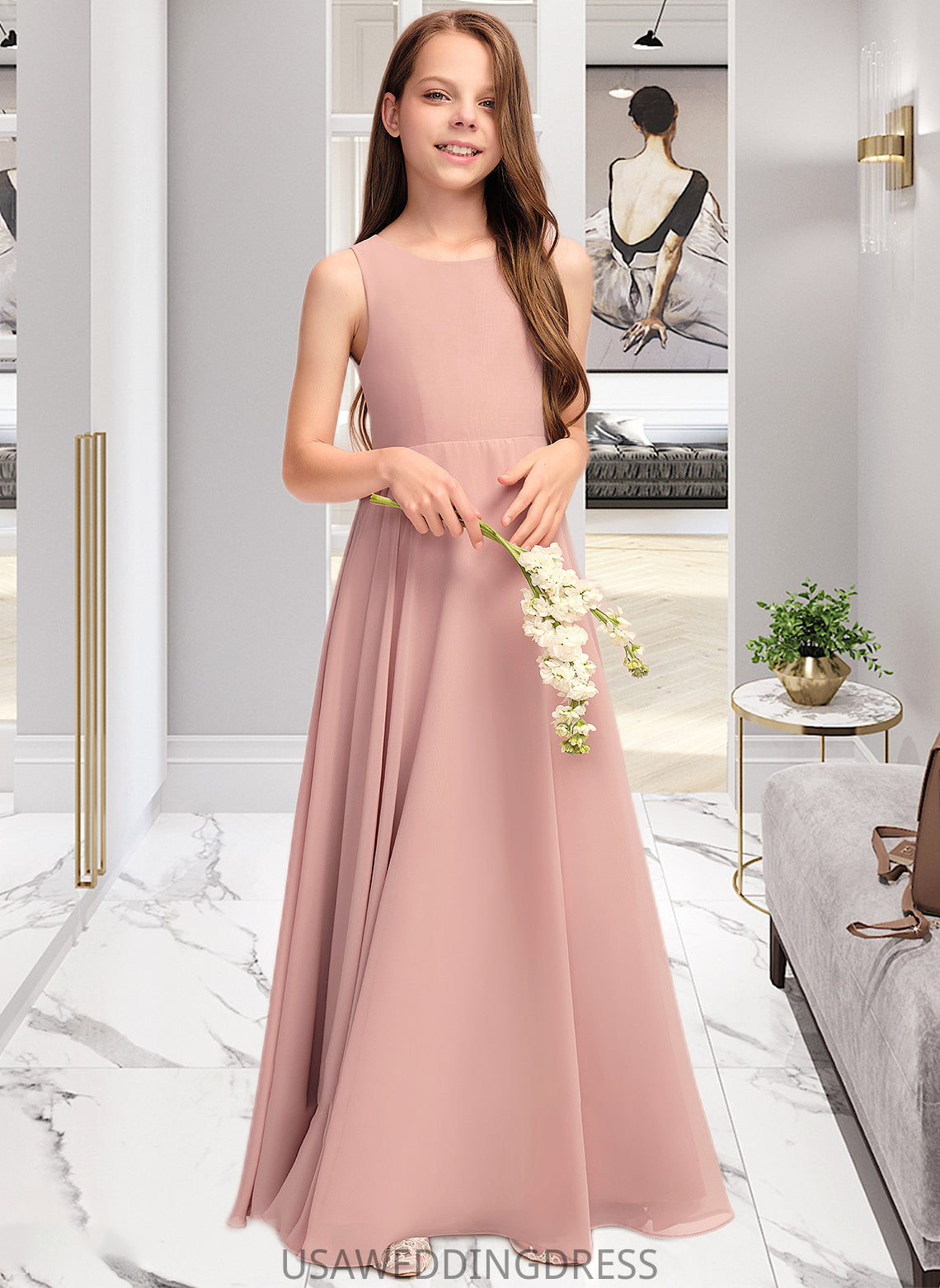 LuLu A-Line Scoop Neck Floor-Length Chiffon Junior Bridesmaid Dress With Bow(s) DSP0013520