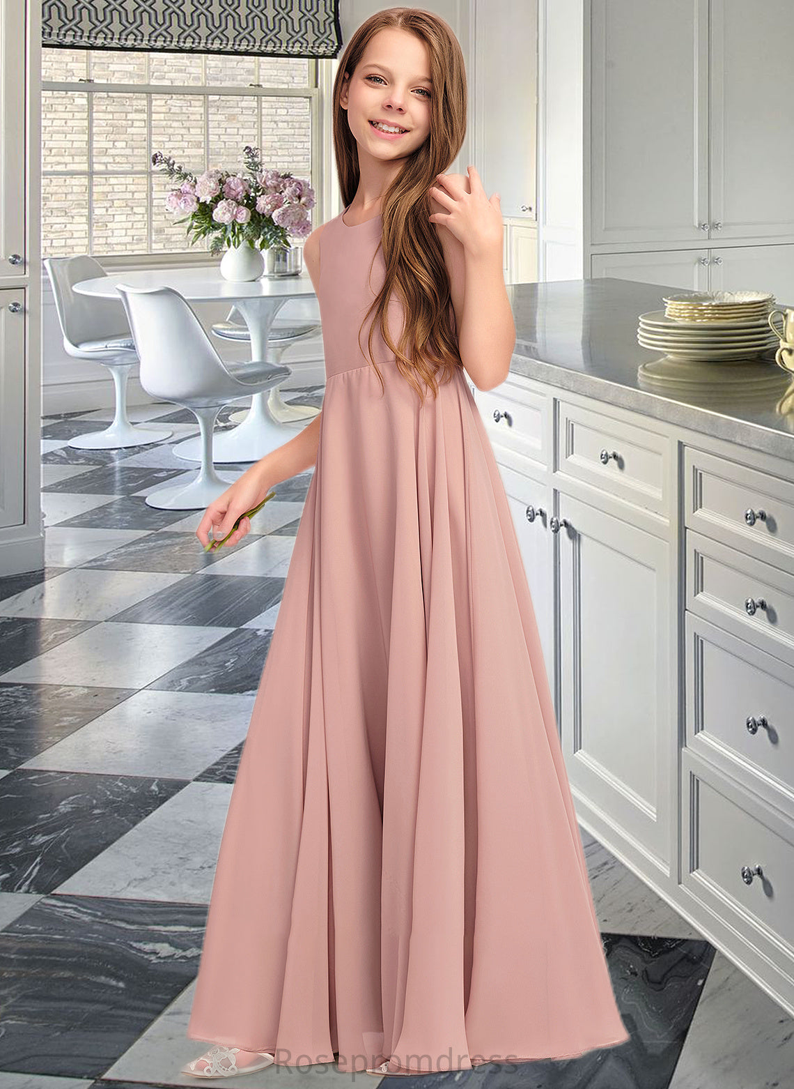 Joy A-Line Scoop Neck Floor-Length Chiffon Junior Bridesmaid Dress With Bow(s) SRSP0013520