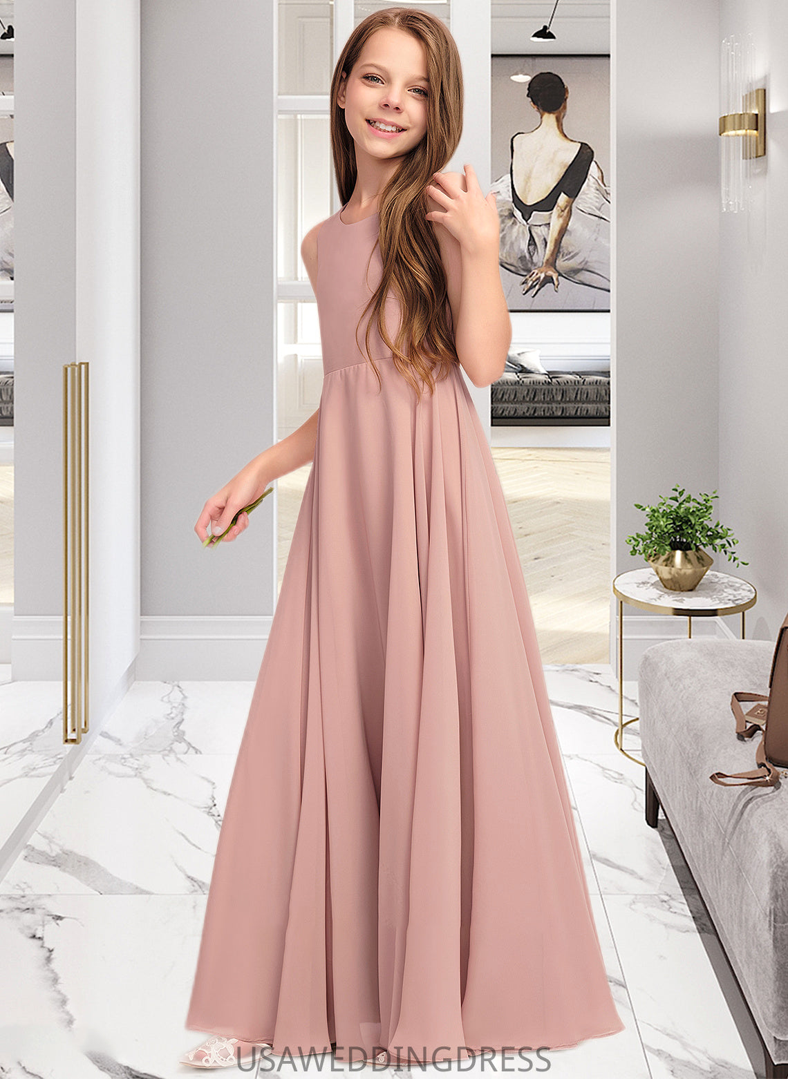 LuLu A-Line Scoop Neck Floor-Length Chiffon Junior Bridesmaid Dress With Bow(s) DSP0013520