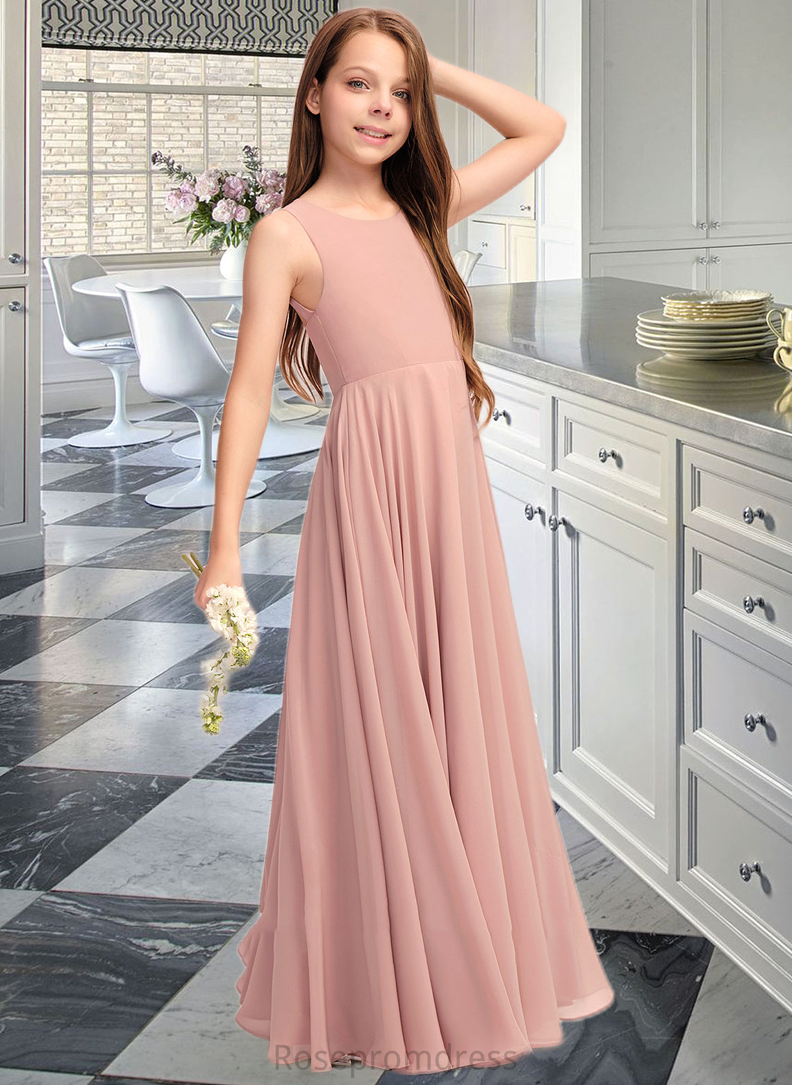 Joy A-Line Scoop Neck Floor-Length Chiffon Junior Bridesmaid Dress With Bow(s) SRSP0013520