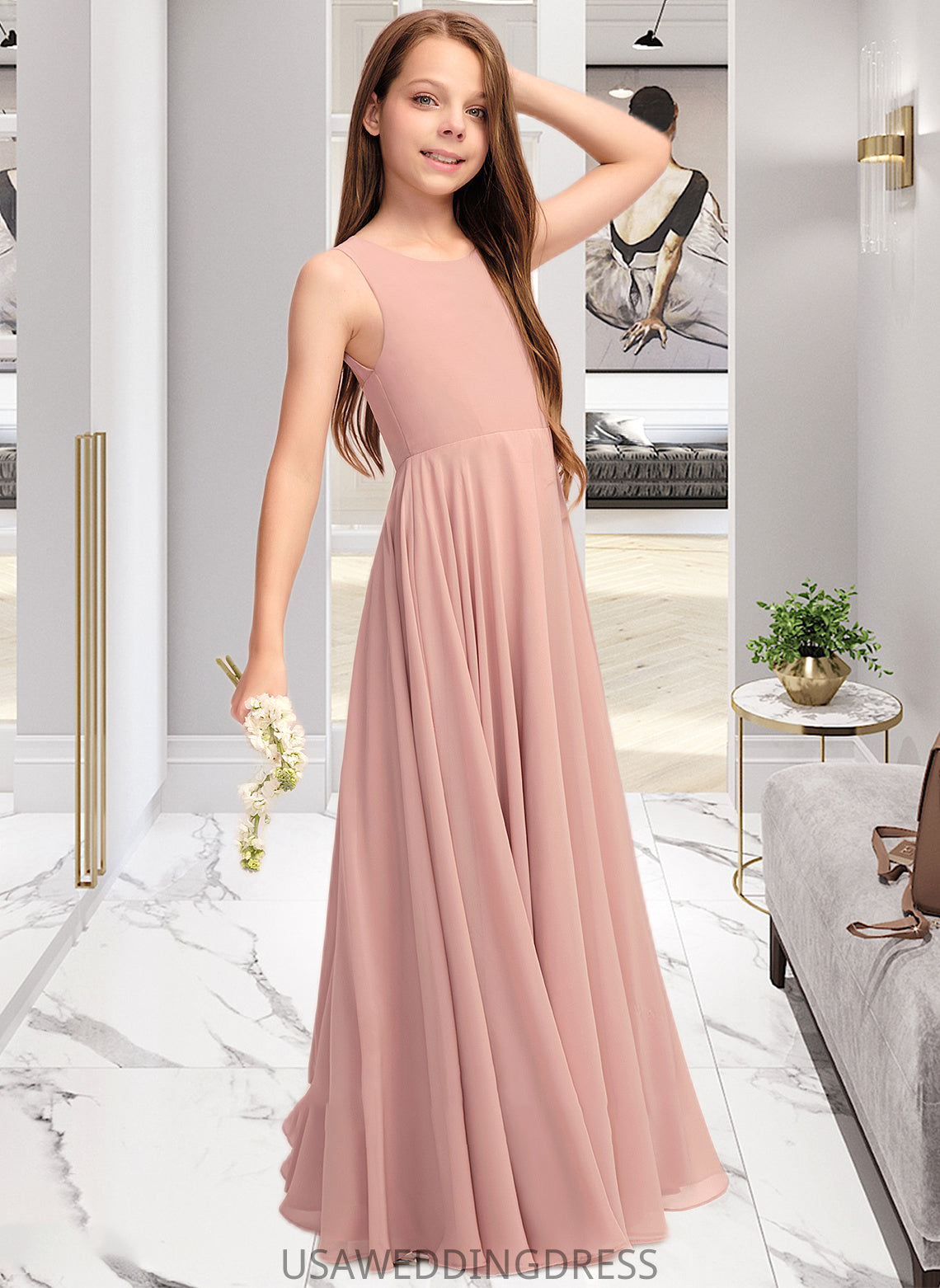 LuLu A-Line Scoop Neck Floor-Length Chiffon Junior Bridesmaid Dress With Bow(s) DSP0013520