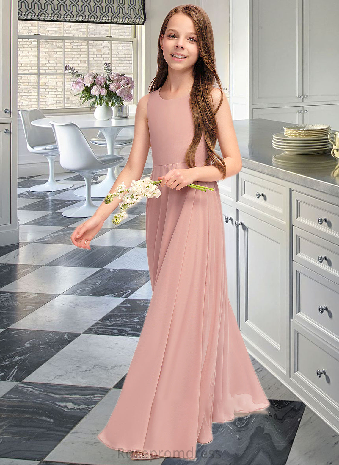 Joy A-Line Scoop Neck Floor-Length Chiffon Junior Bridesmaid Dress With Bow(s) SRSP0013520