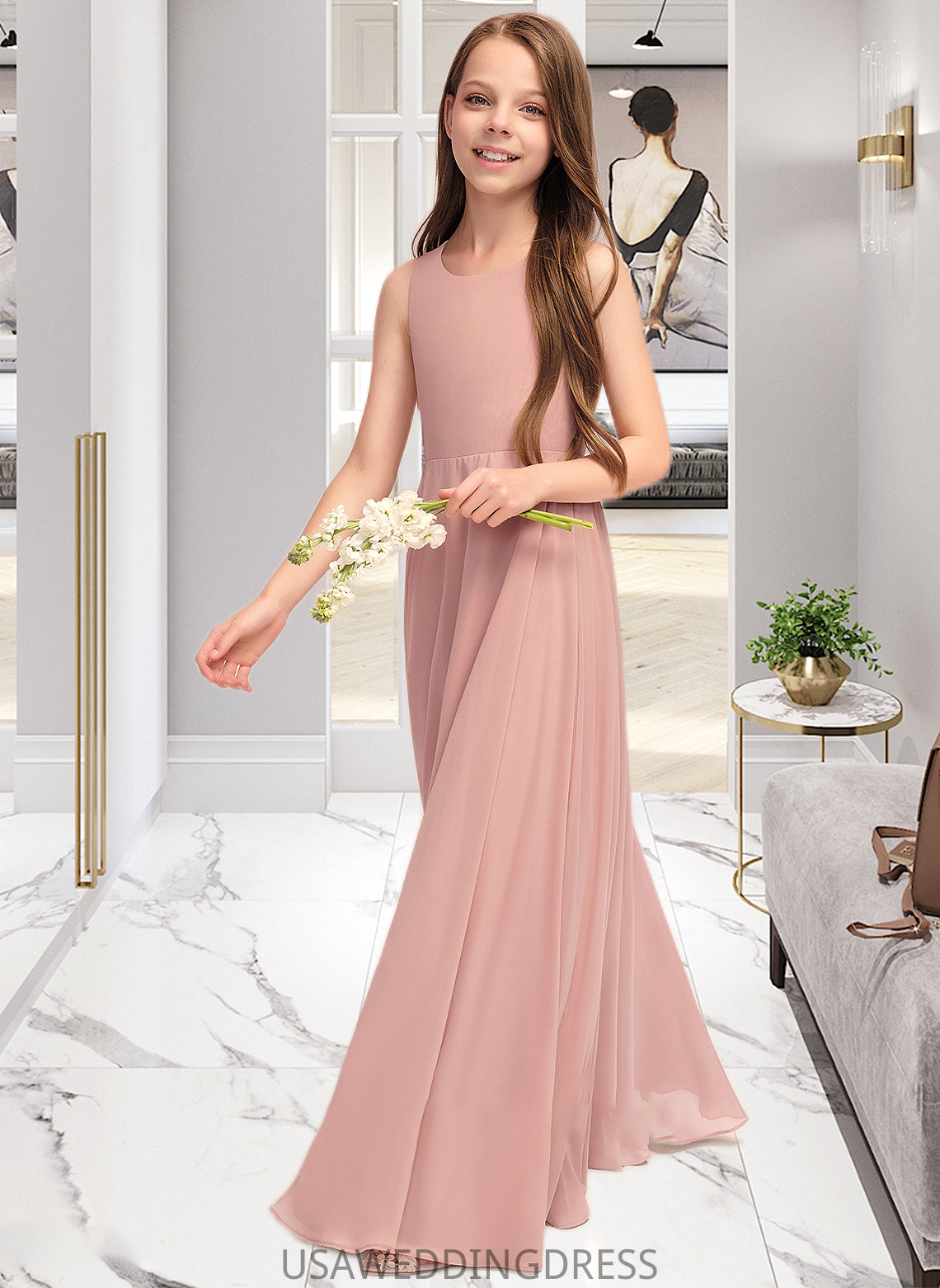 LuLu A-Line Scoop Neck Floor-Length Chiffon Junior Bridesmaid Dress With Bow(s) DSP0013520