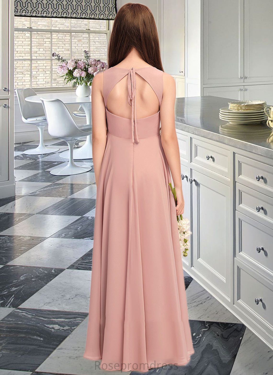 Joy A-Line Scoop Neck Floor-Length Chiffon Junior Bridesmaid Dress With Bow(s) SRSP0013520