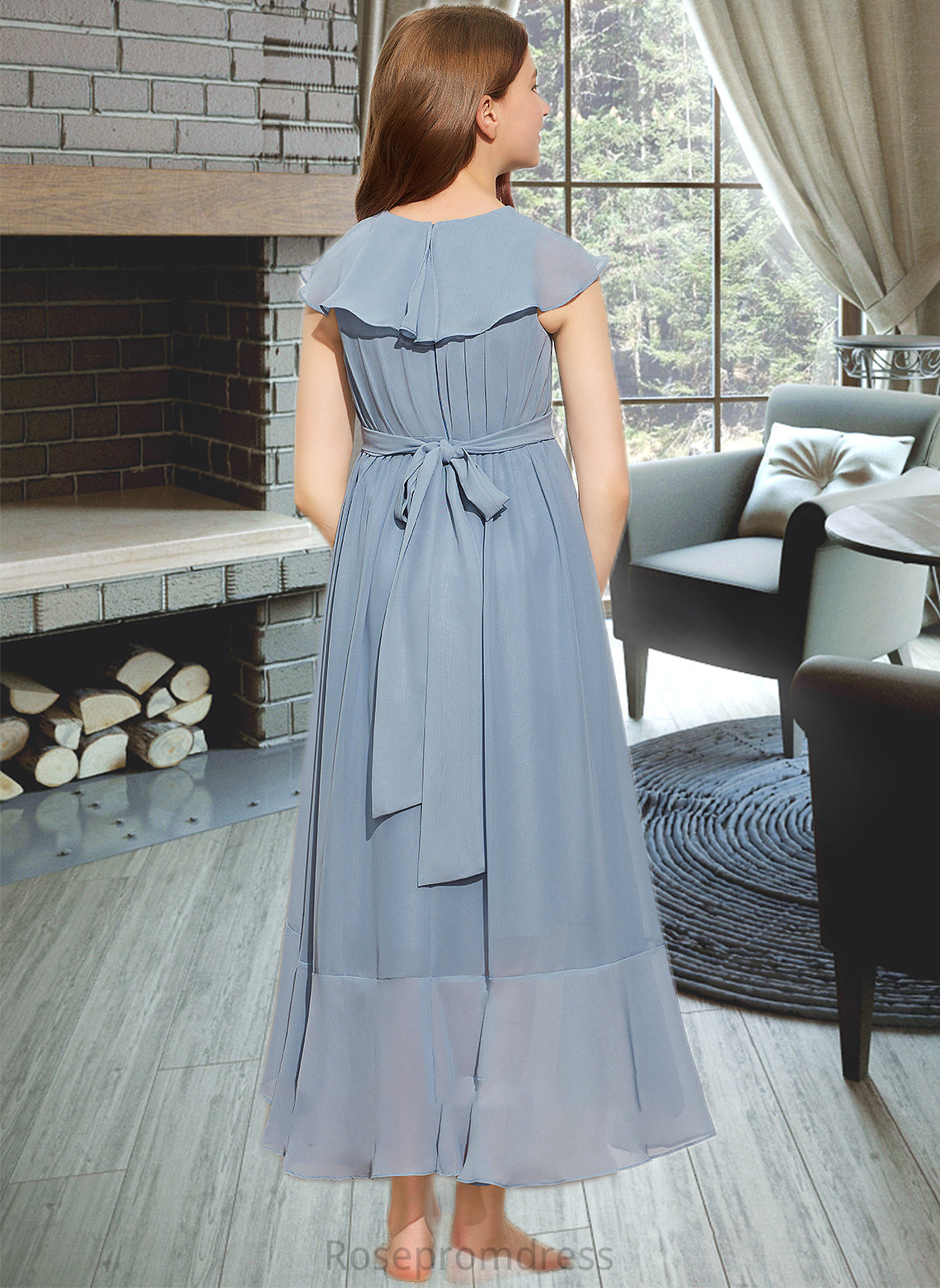 Eloise A-Line V-neck Asymmetrical Chiffon Junior Bridesmaid Dress With Bow(s) Cascading Ruffles SRSP0013522