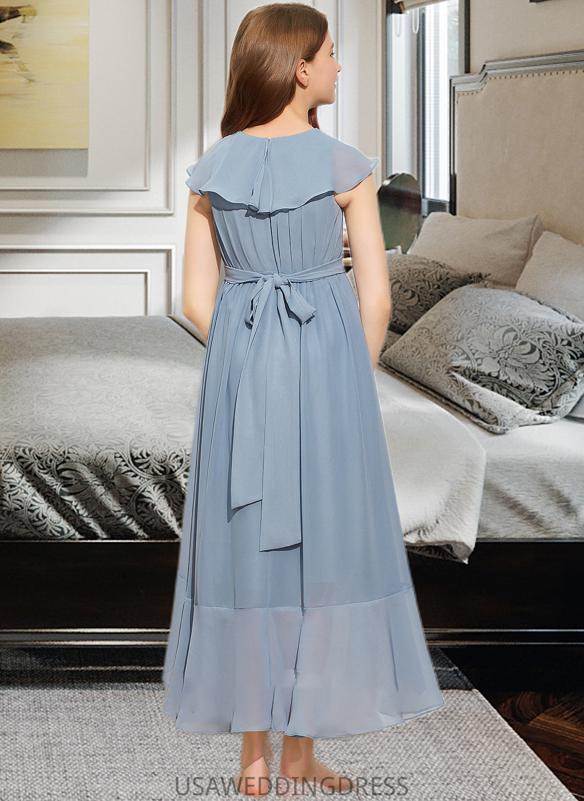 Tori A-Line V-neck Asymmetrical Chiffon Junior Bridesmaid Dress With Bow(s) Cascading Ruffles DSP0013522