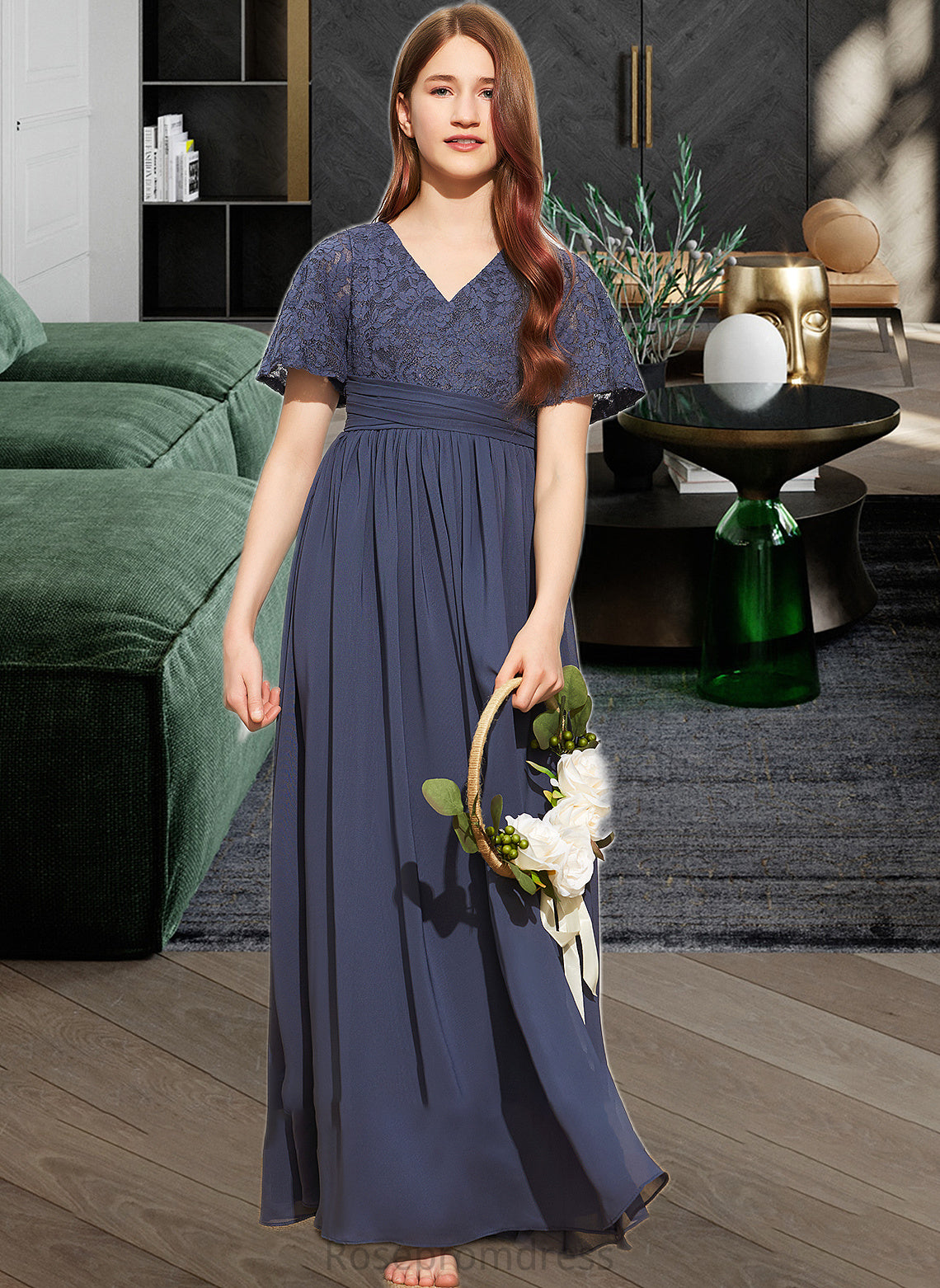 Thalia A-Line V-neck Floor-Length Chiffon Lace Junior Bridesmaid Dress With Bow(s) SRSP0013523