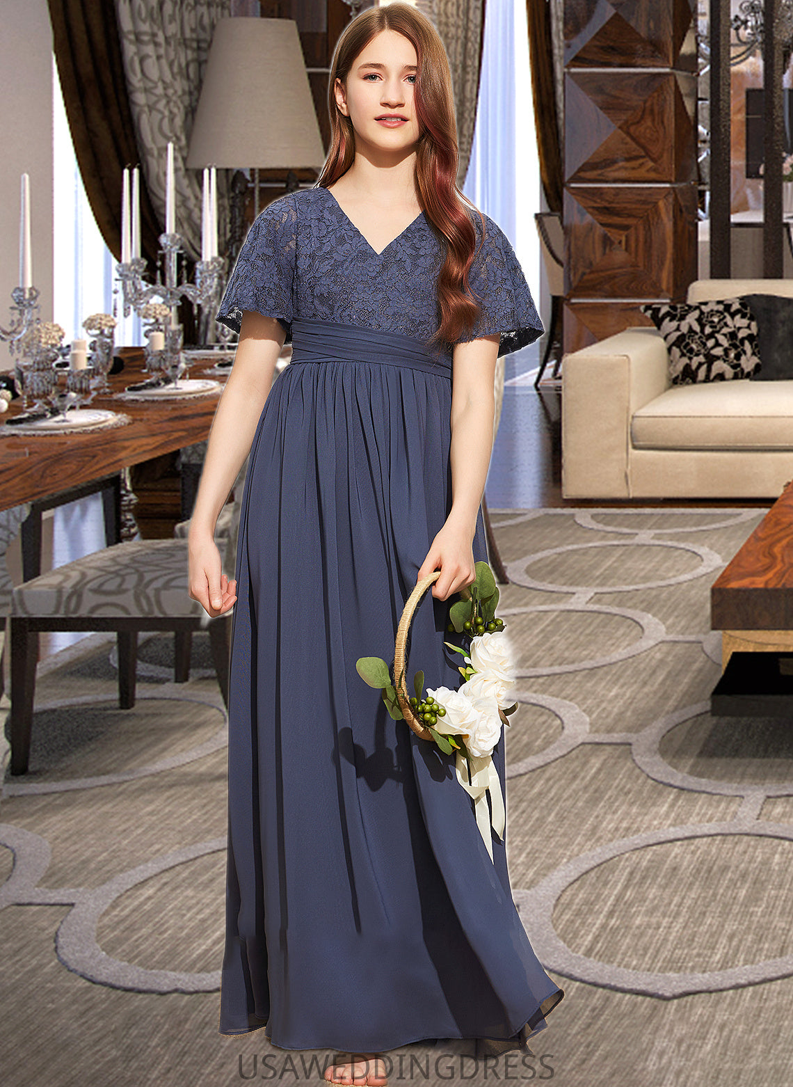 Allisson A-Line V-neck Floor-Length Chiffon Lace Junior Bridesmaid Dress With Bow(s) DSP0013523