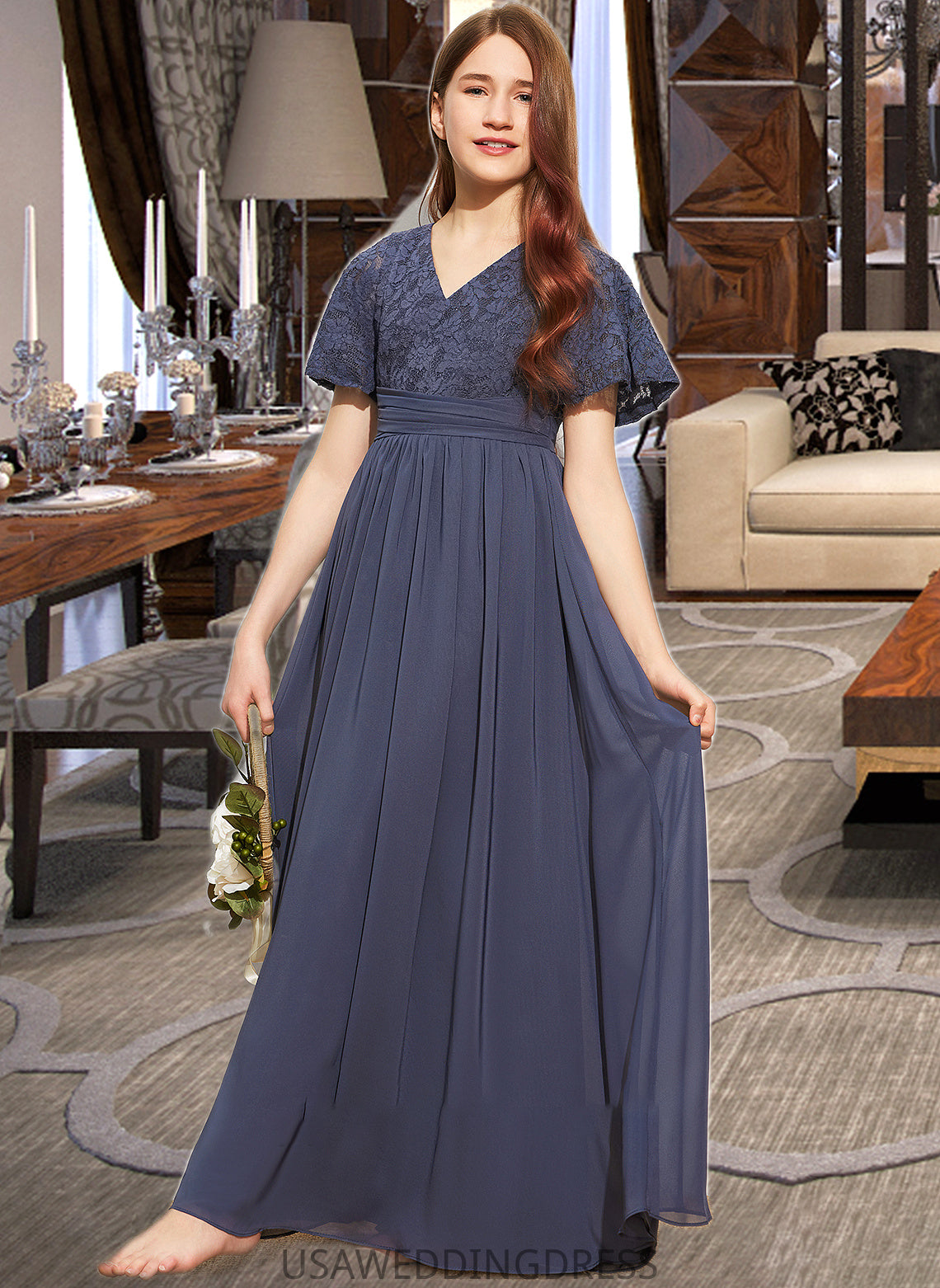 Allisson A-Line V-neck Floor-Length Chiffon Lace Junior Bridesmaid Dress With Bow(s) DSP0013523