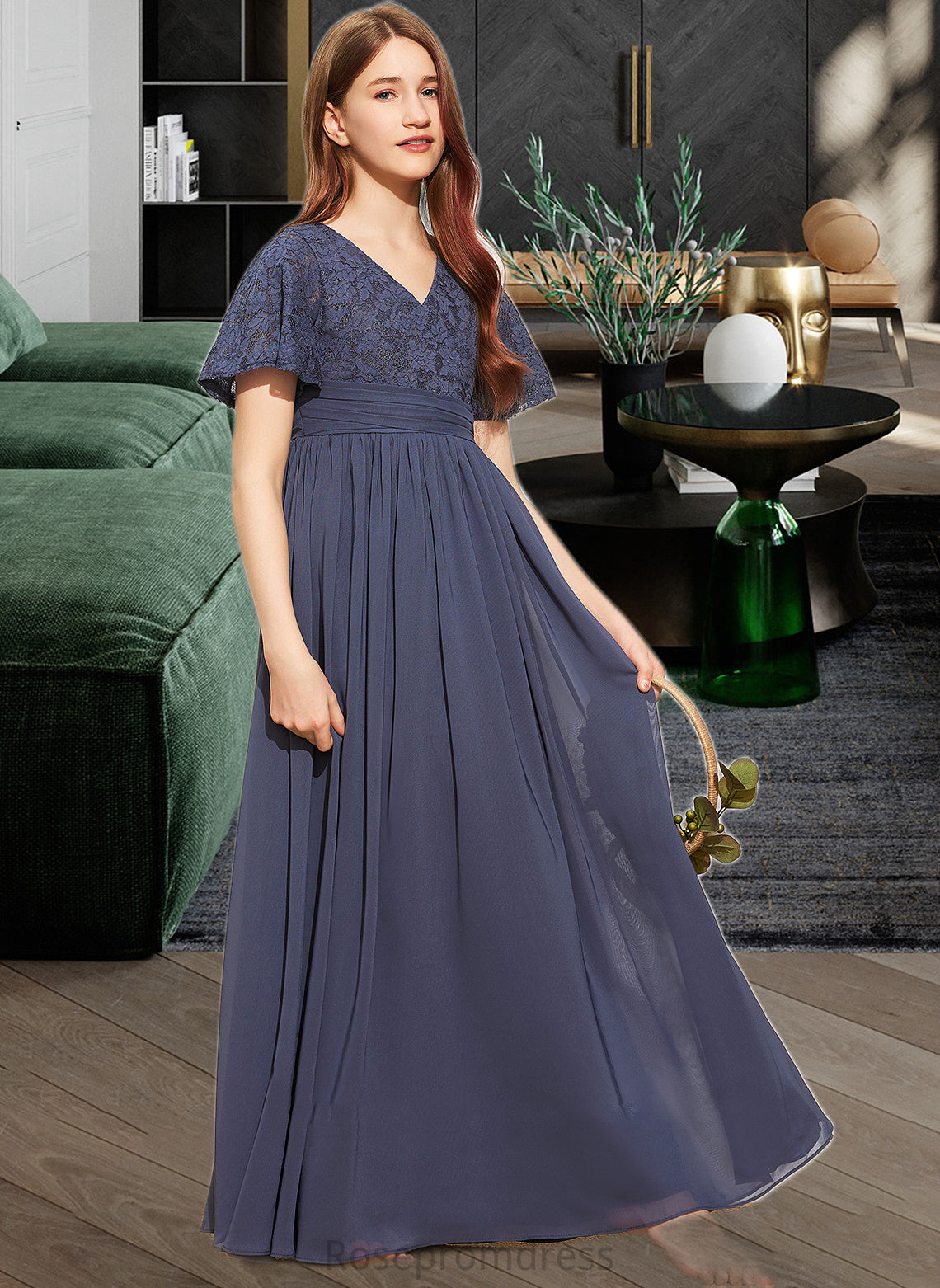 Thalia A-Line V-neck Floor-Length Chiffon Lace Junior Bridesmaid Dress With Bow(s) SRSP0013523