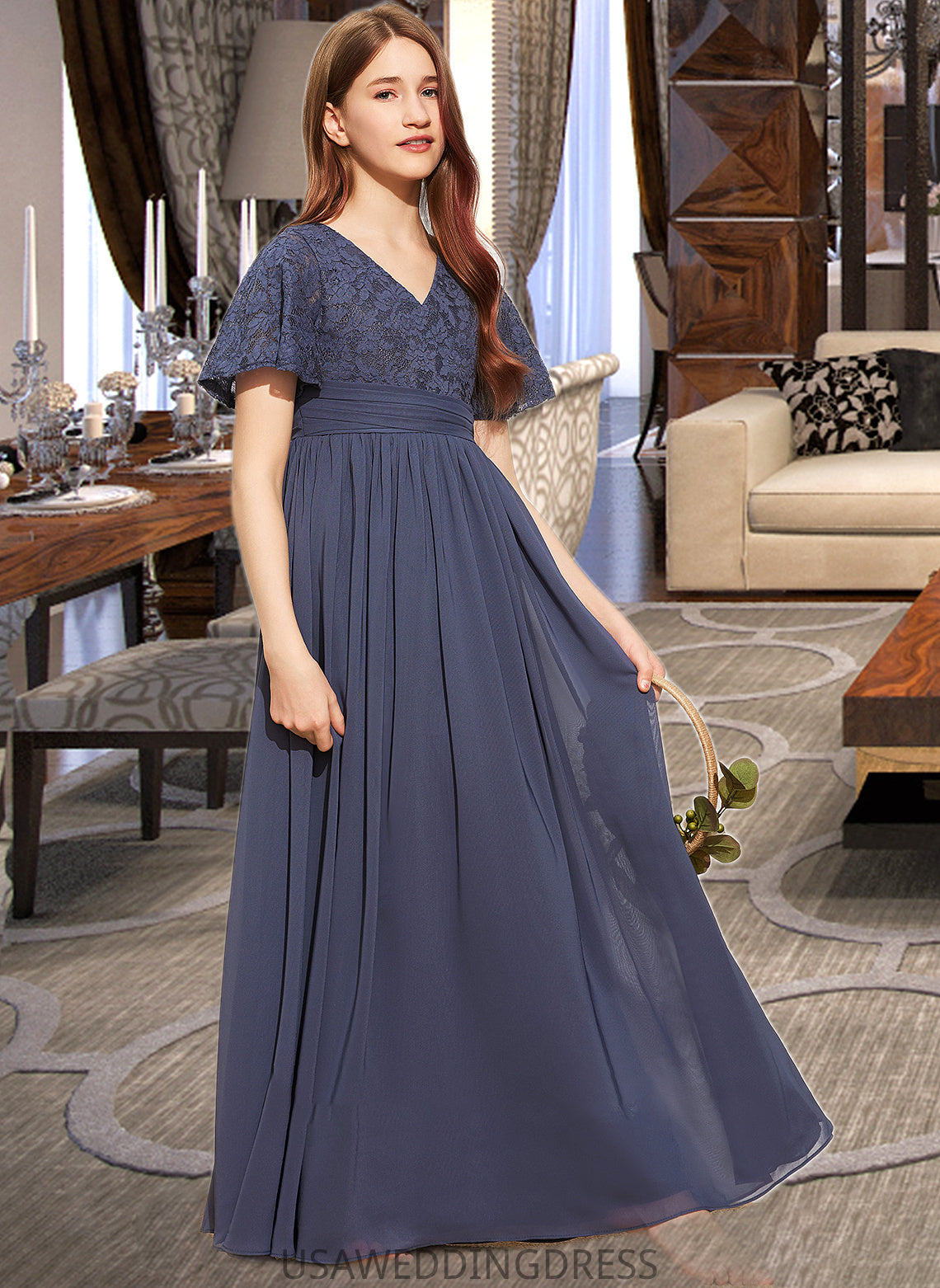 Allisson A-Line V-neck Floor-Length Chiffon Lace Junior Bridesmaid Dress With Bow(s) DSP0013523