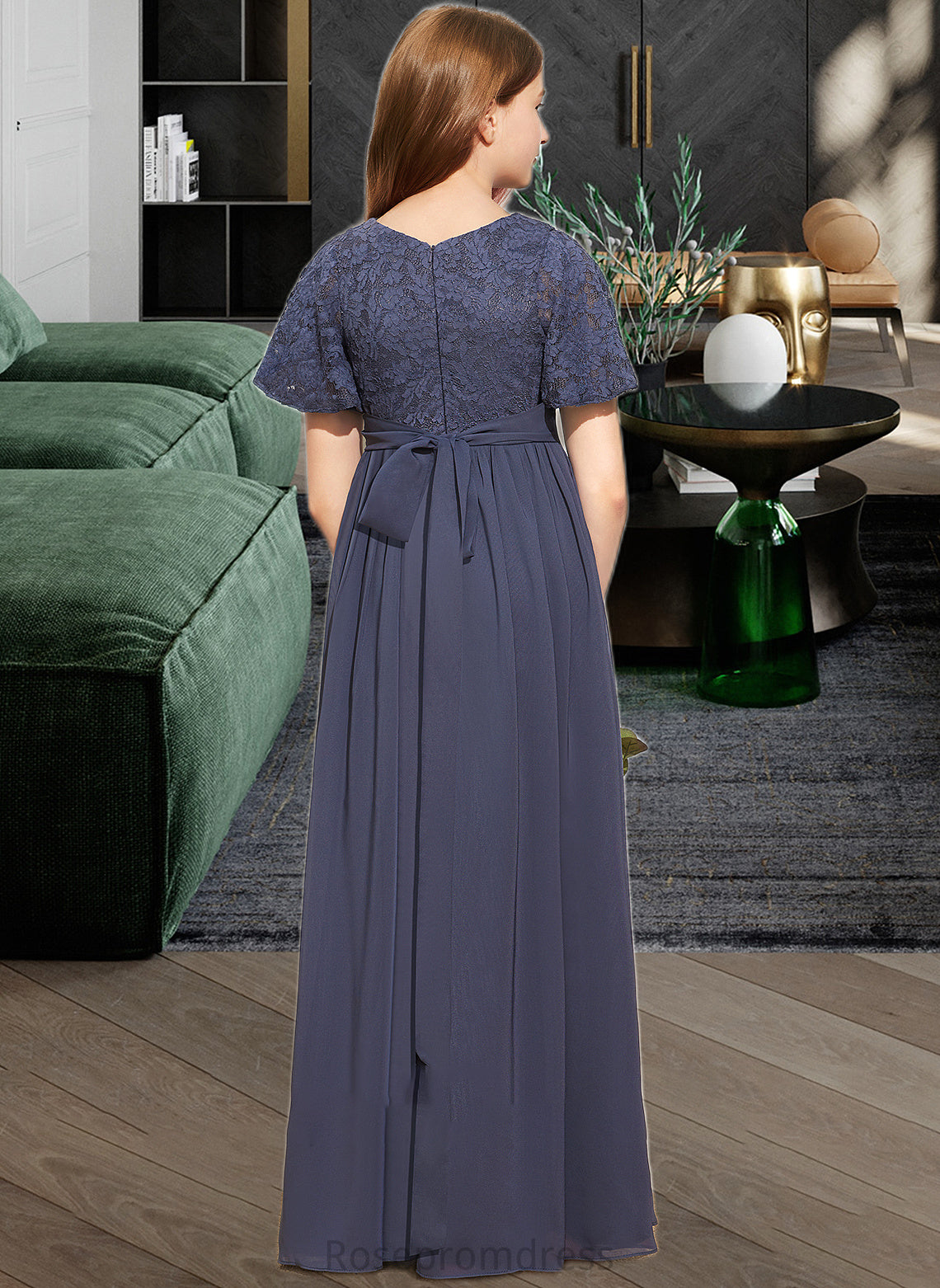 Thalia A-Line V-neck Floor-Length Chiffon Lace Junior Bridesmaid Dress With Bow(s) SRSP0013523