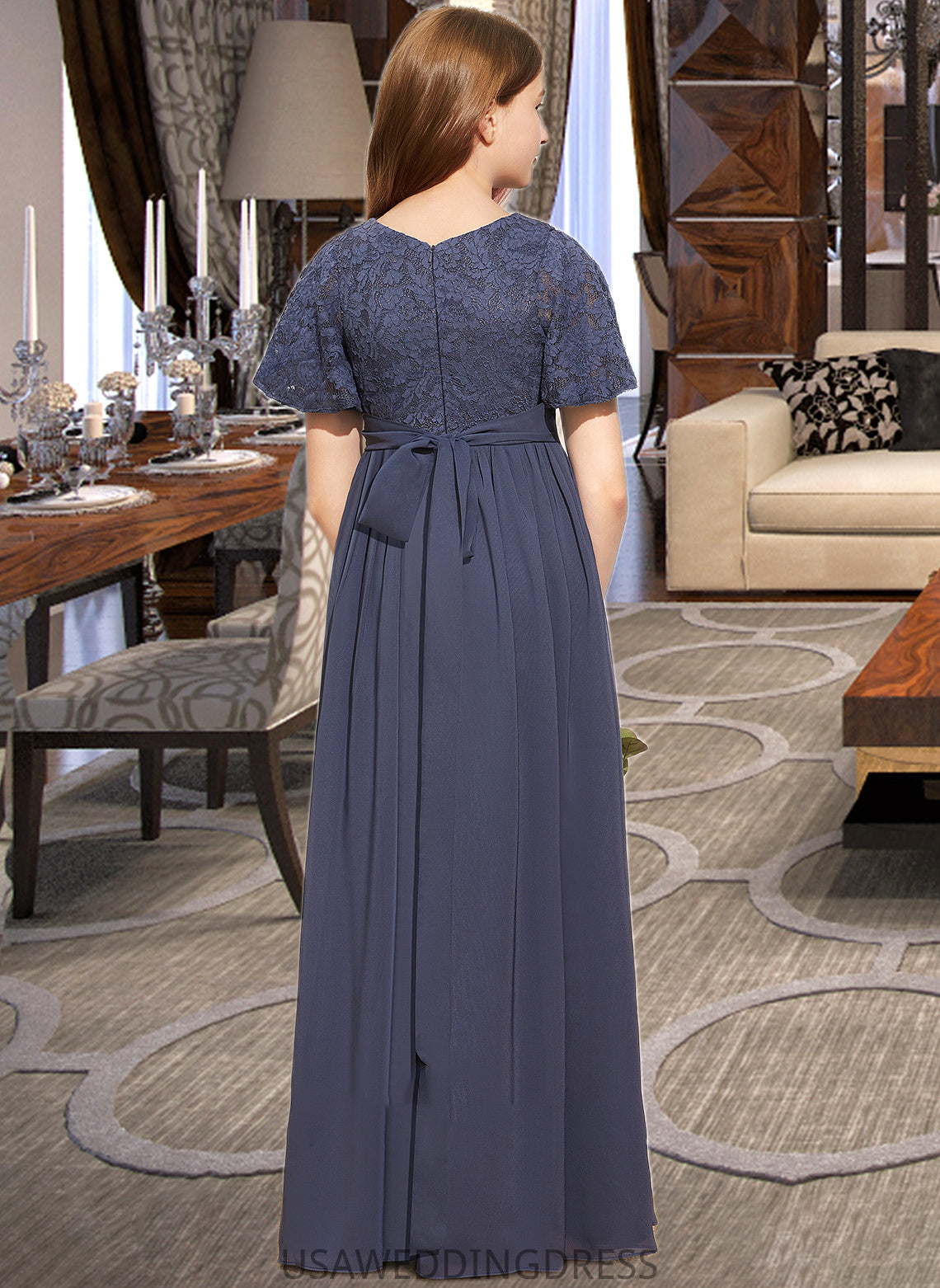 Allisson A-Line V-neck Floor-Length Chiffon Lace Junior Bridesmaid Dress With Bow(s) DSP0013523