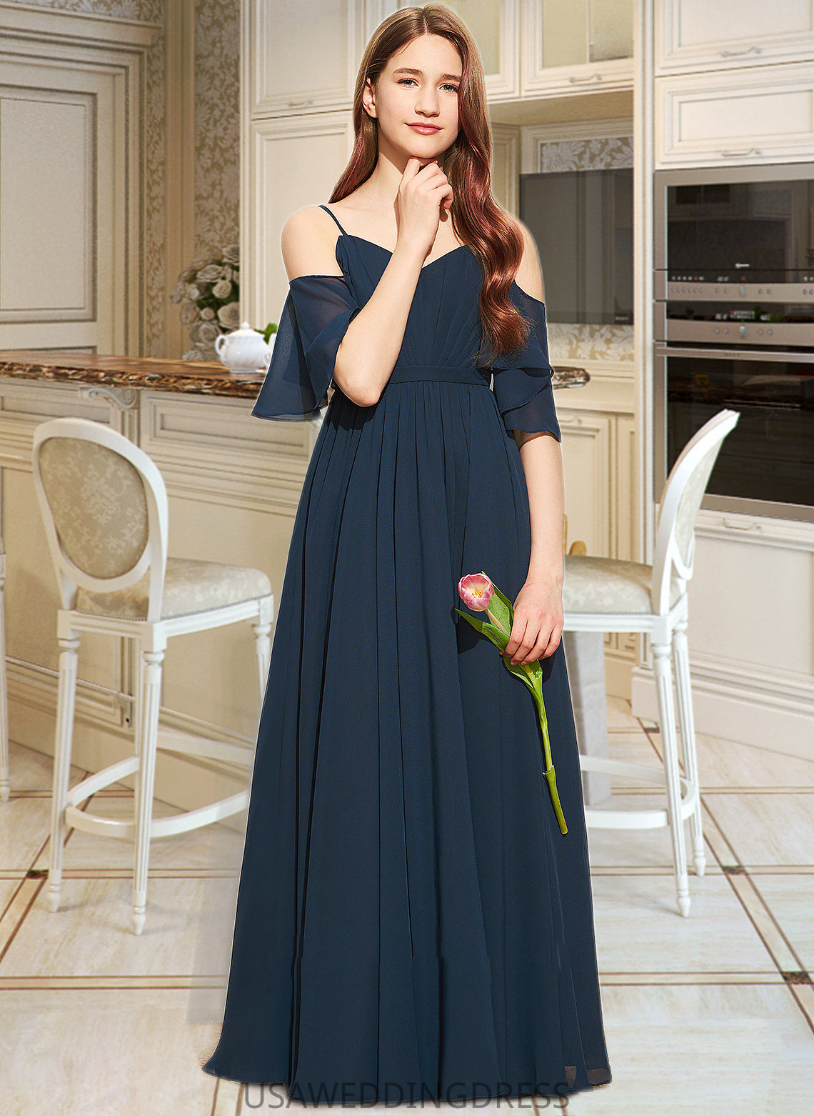 Iris A-Line Off-the-Shoulder Floor-Length Chiffon Junior Bridesmaid Dress With Ruffle DSP0013524