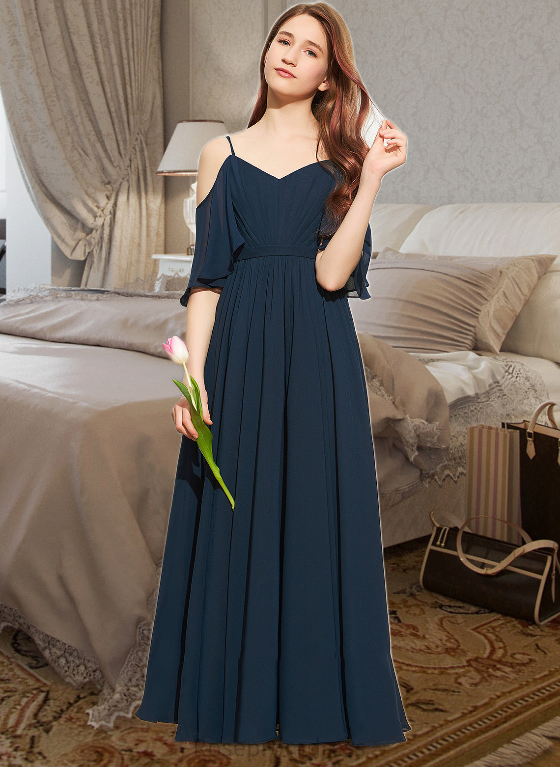 Madalyn A-Line Off-the-Shoulder Floor-Length Chiffon Junior Bridesmaid Dress With Ruffle SRSP0013524