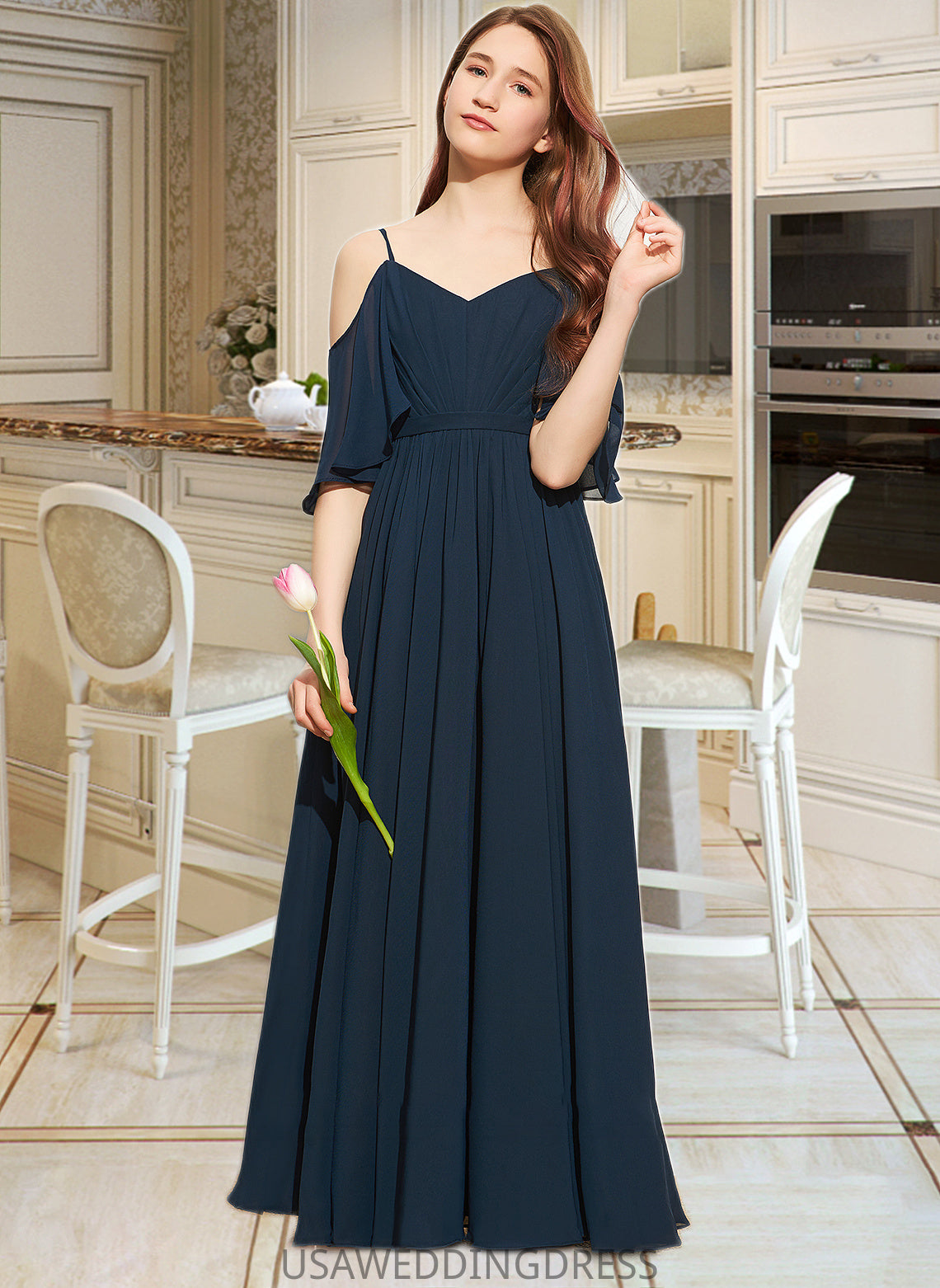 Iris A-Line Off-the-Shoulder Floor-Length Chiffon Junior Bridesmaid Dress With Ruffle DSP0013524