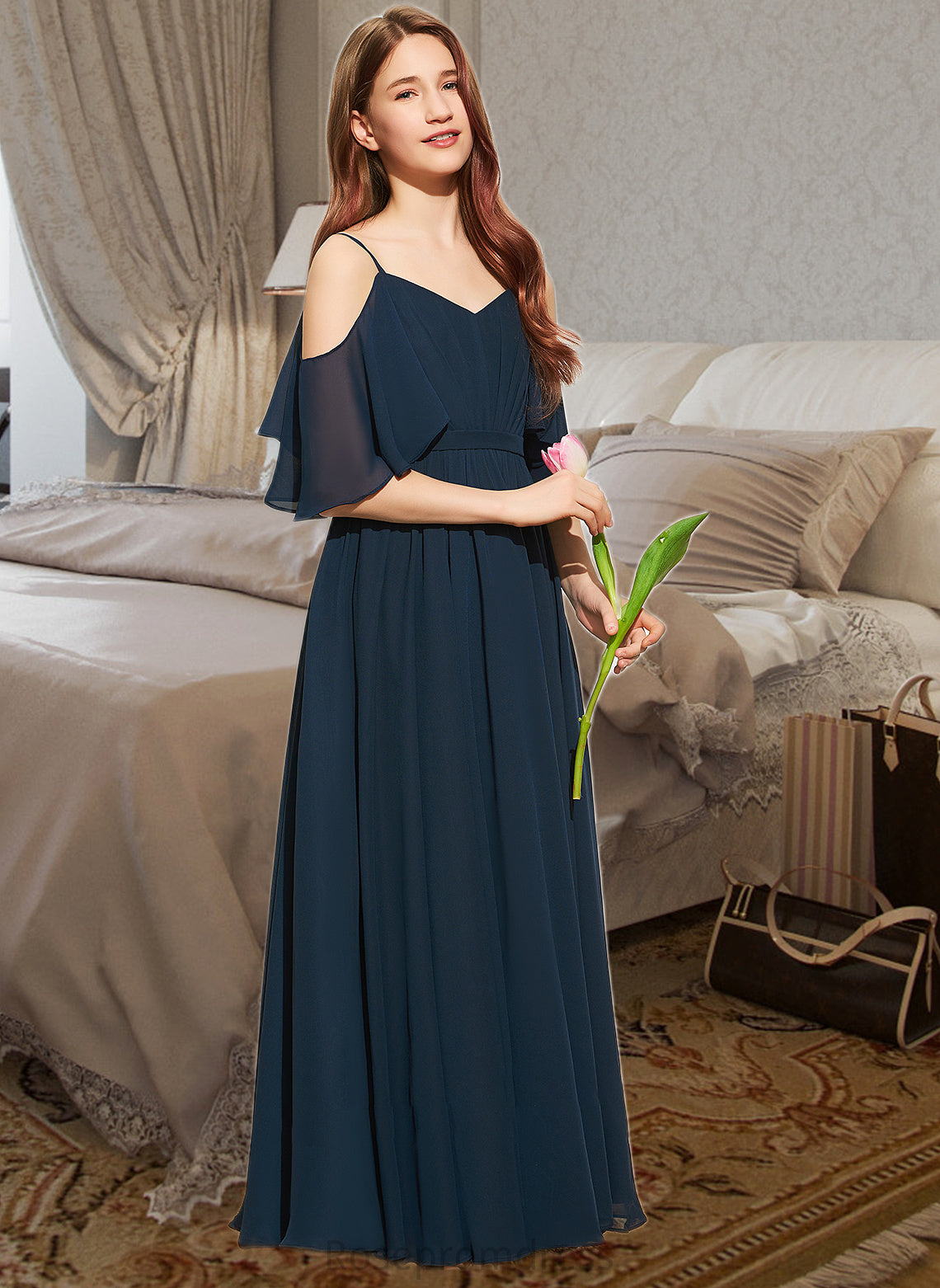 Madalyn A-Line Off-the-Shoulder Floor-Length Chiffon Junior Bridesmaid Dress With Ruffle SRSP0013524