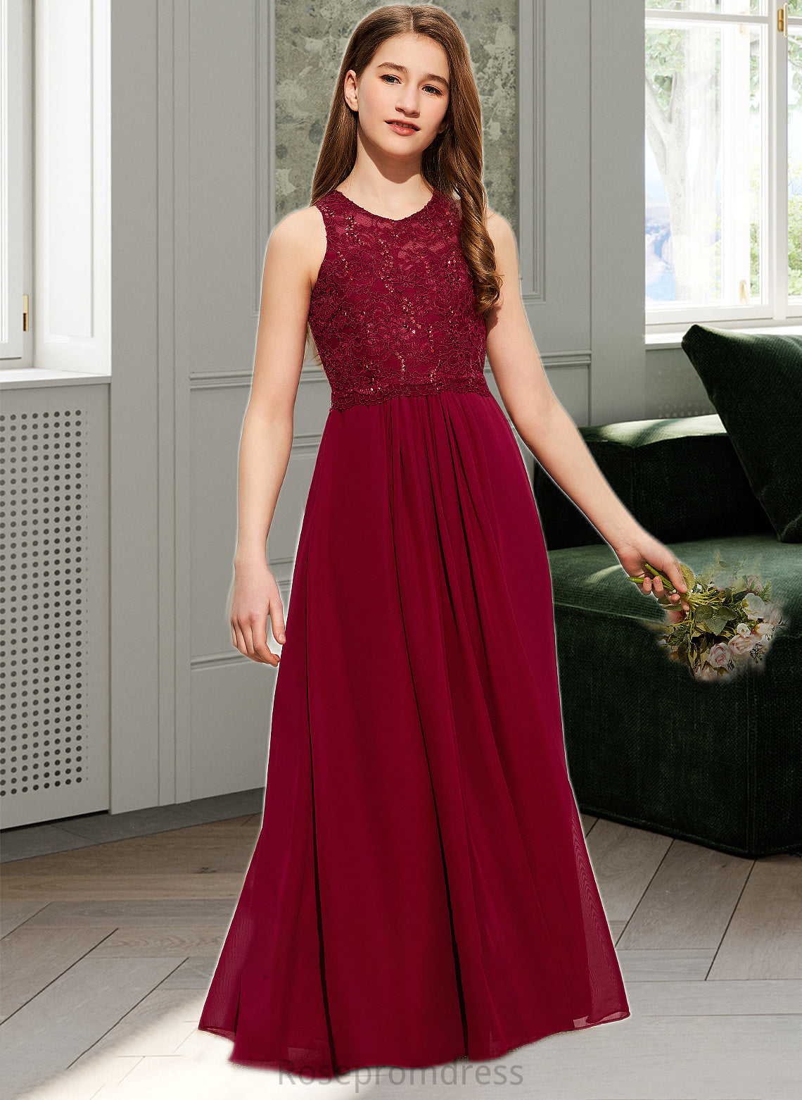 Kristina A-Line Scoop Neck Floor-Length Chiffon Lace Junior Bridesmaid Dress With Sequins SRSP0013525