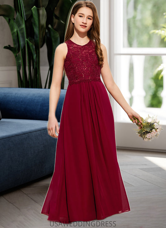 Mckenna A-Line Scoop Neck Floor-Length Chiffon Lace Junior Bridesmaid Dress With Sequins DSP0013525