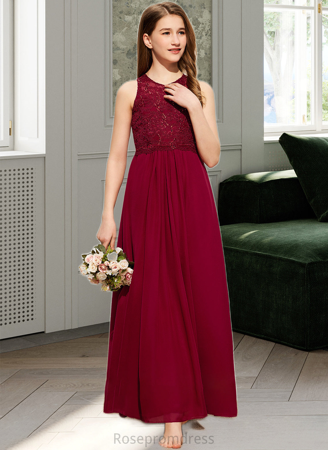 Kristina A-Line Scoop Neck Floor-Length Chiffon Lace Junior Bridesmaid Dress With Sequins SRSP0013525